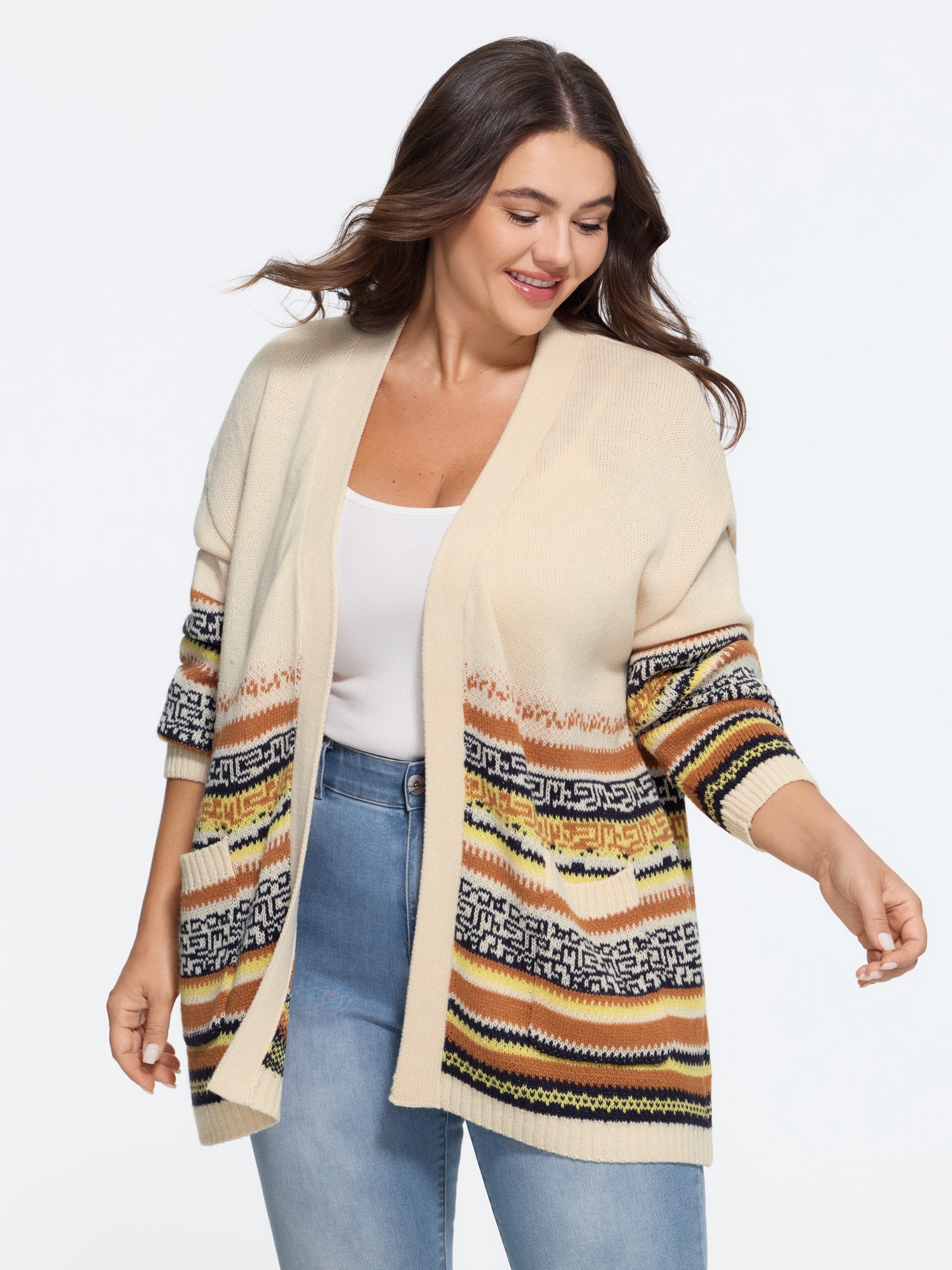 BloomChic Women's Plus Size Vintage Striped V Neck Open Front Cardigan Apricot Long Sleeve V-Neck 10/M