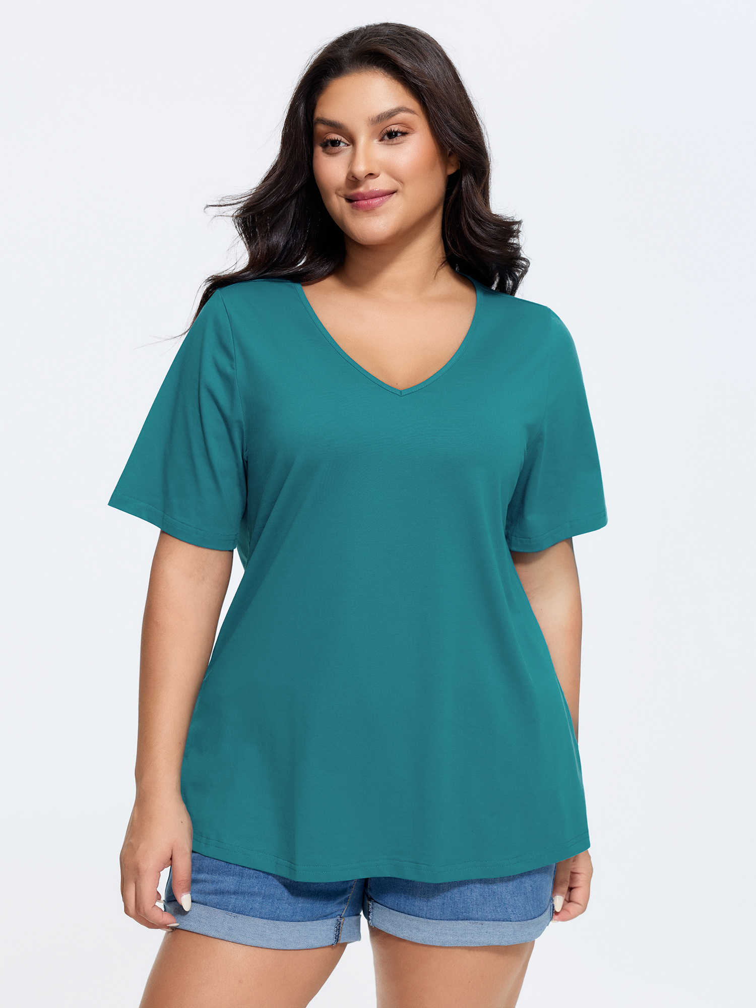 BloomChic Plus Size Cotton V Neck Plain Basic T-shirt - Women's Teal Solid Round Neck Comfort Midsection Fit Long Sleeve Playful T-shirts 14/M
