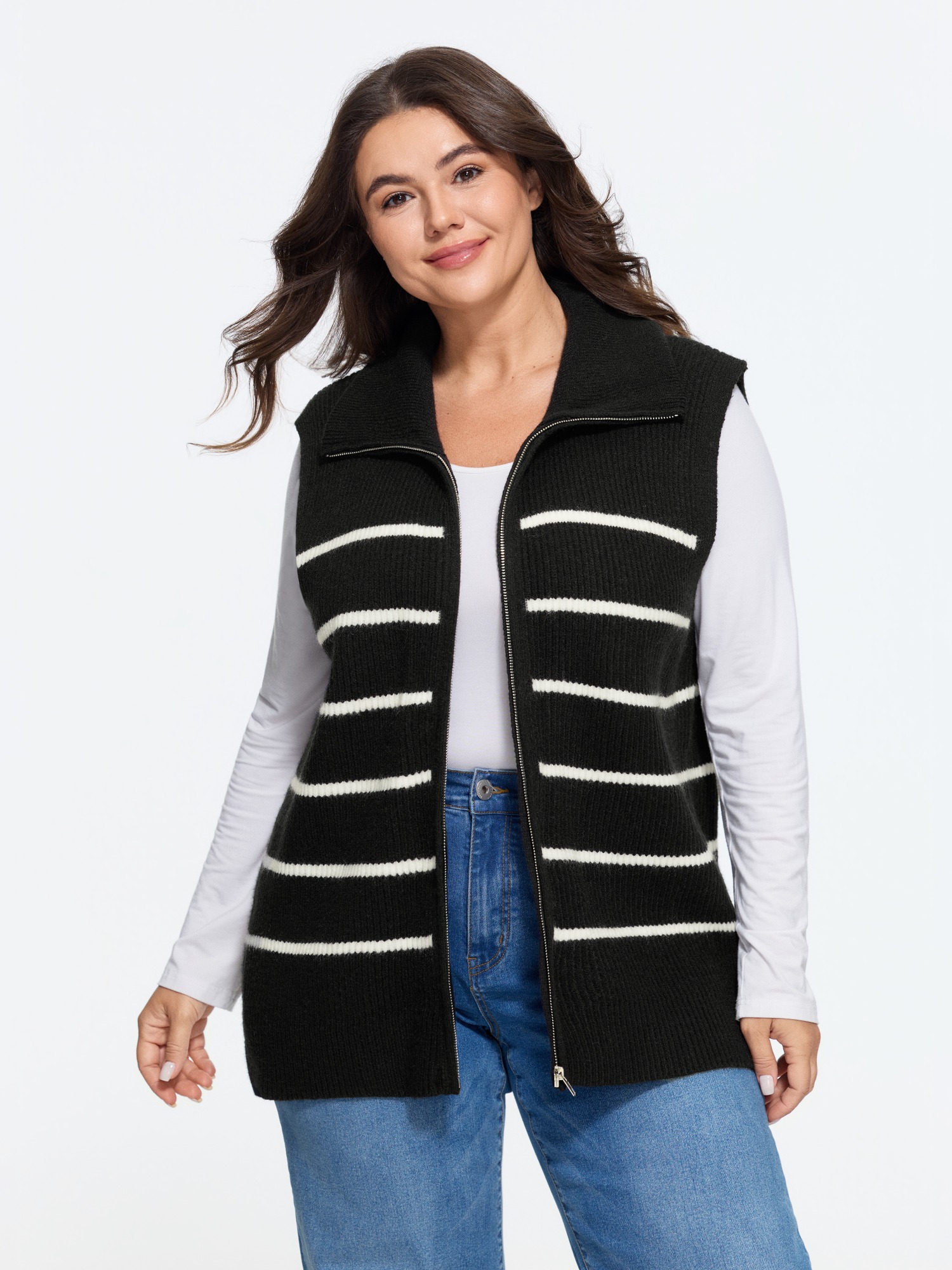BloomChic Stripe Zip Up Sweater Vest Women's Plus Size Women Black Wide Lapel 10/M