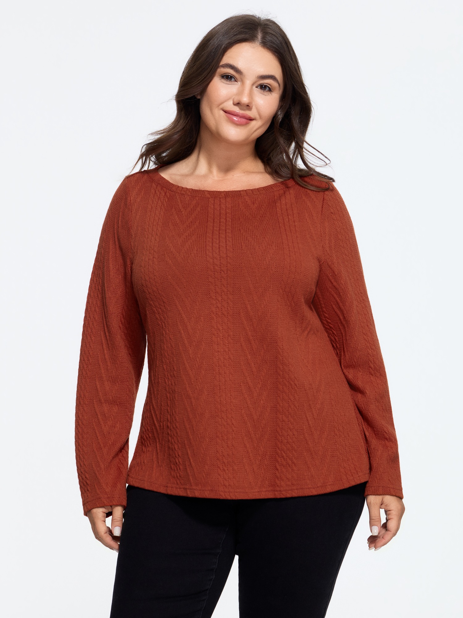 BloomChic Women's Plus Size Textured Stretchy Boat Neck Long Sleeve T-Shirt Russet Solid Everyday-Casual Long Sleeve Boat Neck 10/M