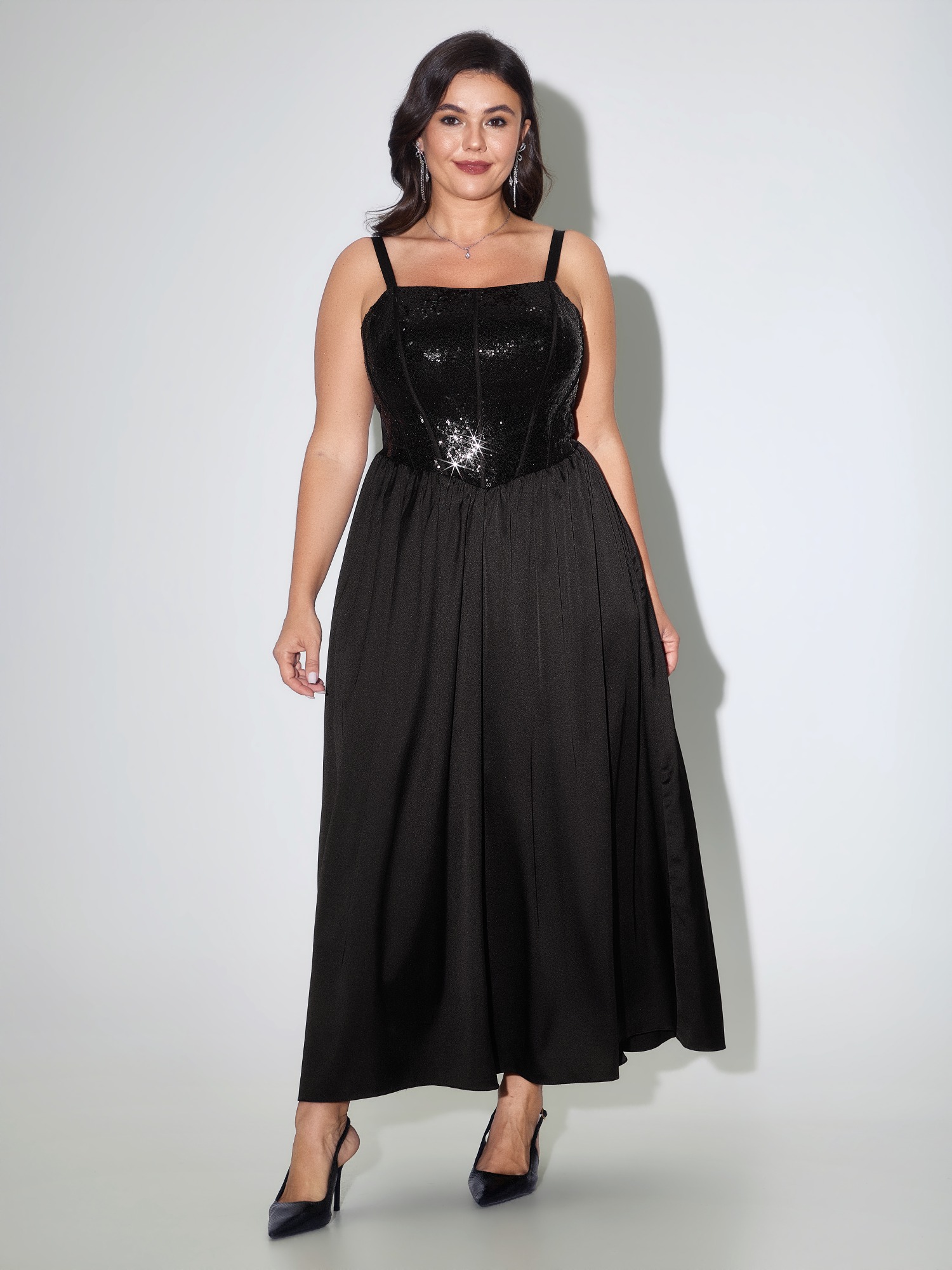 BloomChic Women's Plus Size Sequin Adjustable Lace-Up Back Supportive Bra Corset Maxi Dress Black Occasion Maxi Patchwork Square Neck 10/M