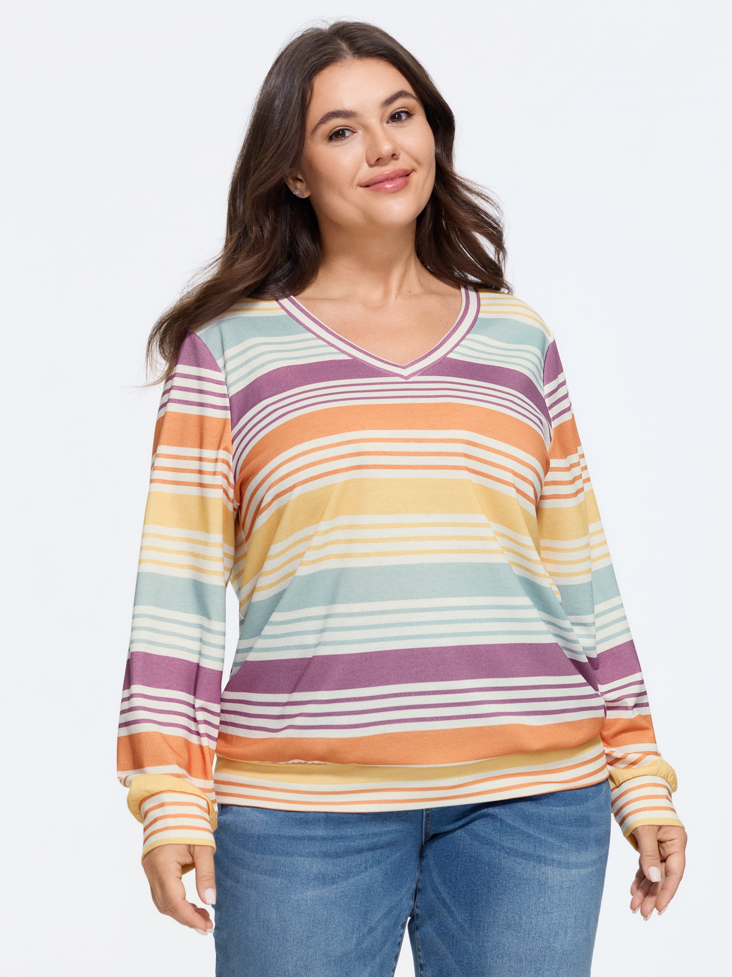 BloomChic Women's Plus Size Multi Color Striped V Neck Sweatshirt Multicolor Everyday-Casual V-Neck 10/M