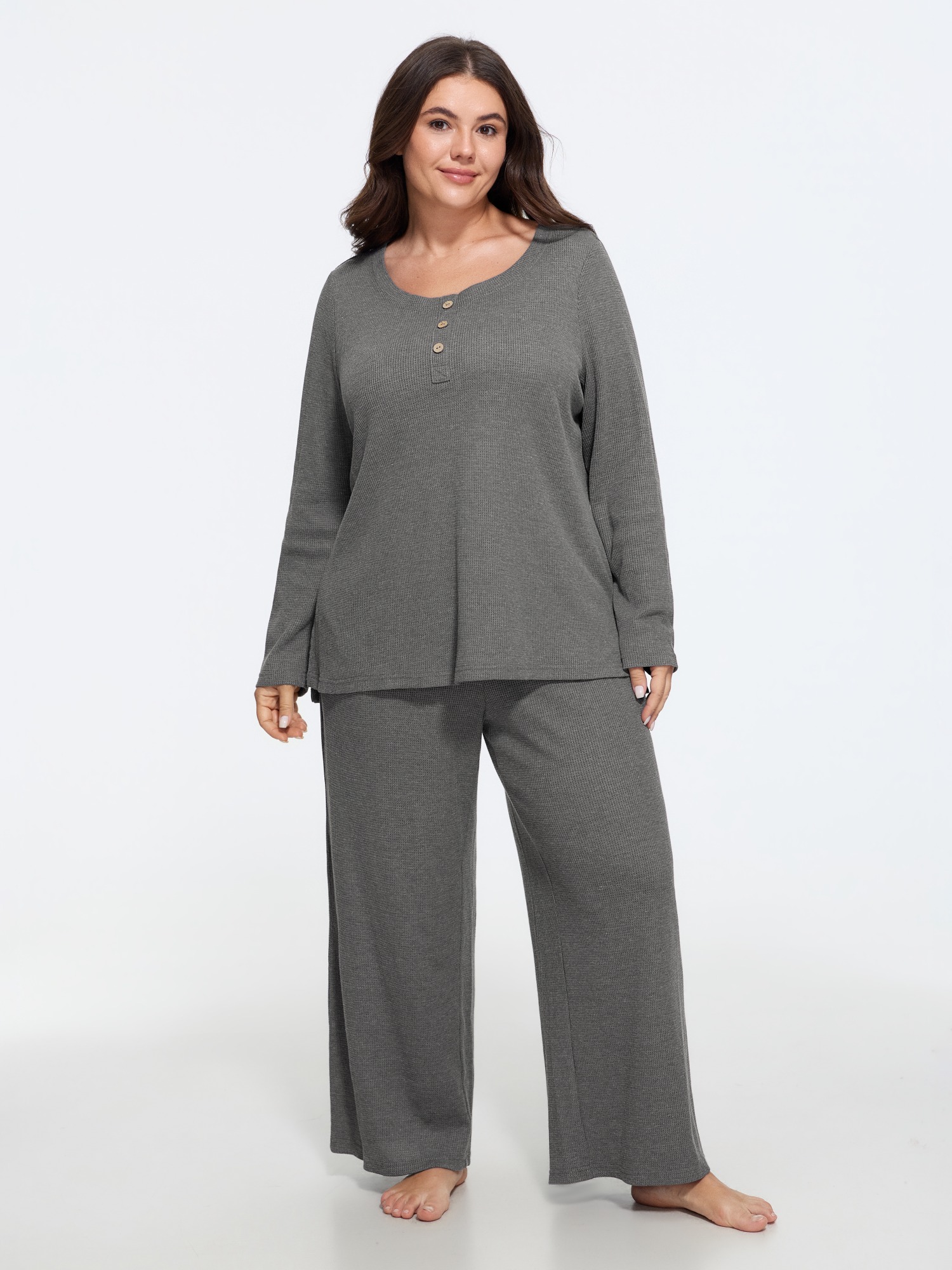 BloomChic Women's Plus Size Supersoft Stretchy Waffle Knit Loungewear Set DimGray Solid Long Sleeve Button Front 10/M