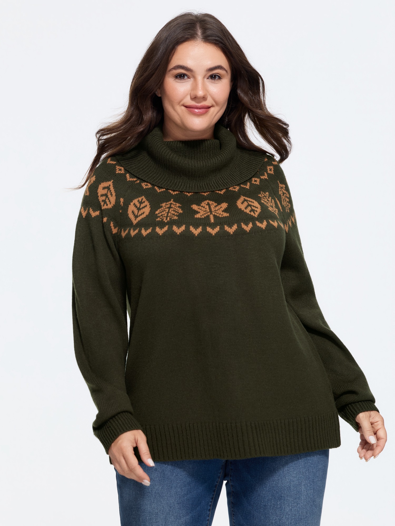 BloomChic Women's Plus Size Fair Isle Leaf Pattern Cowl Neck Pullover ArmyGreen Long Sleeve Funnel Neck 10/M