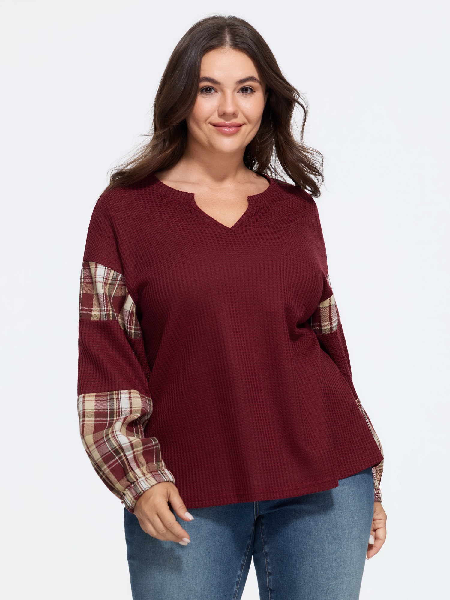 BloomChic Women's Plus Size Plaid Patchwork Lantern Sleeve Waffle Knit Sweatshirt Burgundy Everyday-Casual V-Notch Neck 10/M