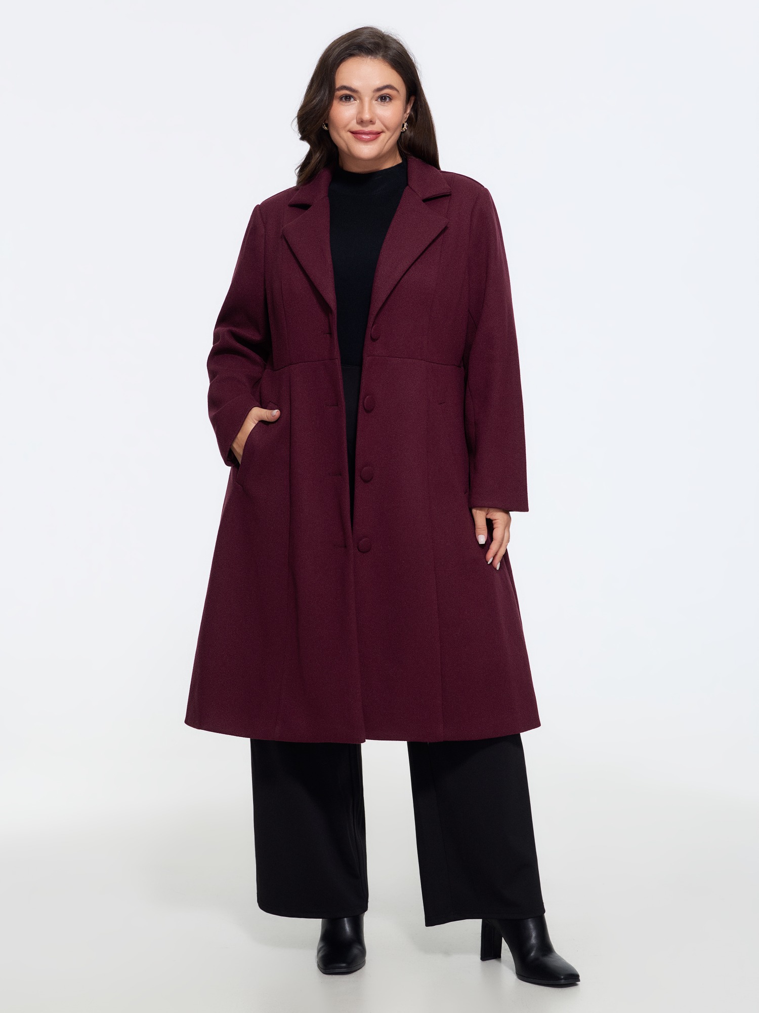 BloomChic Women's Plus Size Lapel Collar Single Breasted Long Coat Burgundy Button Front Fit & Flare 14-16/1X