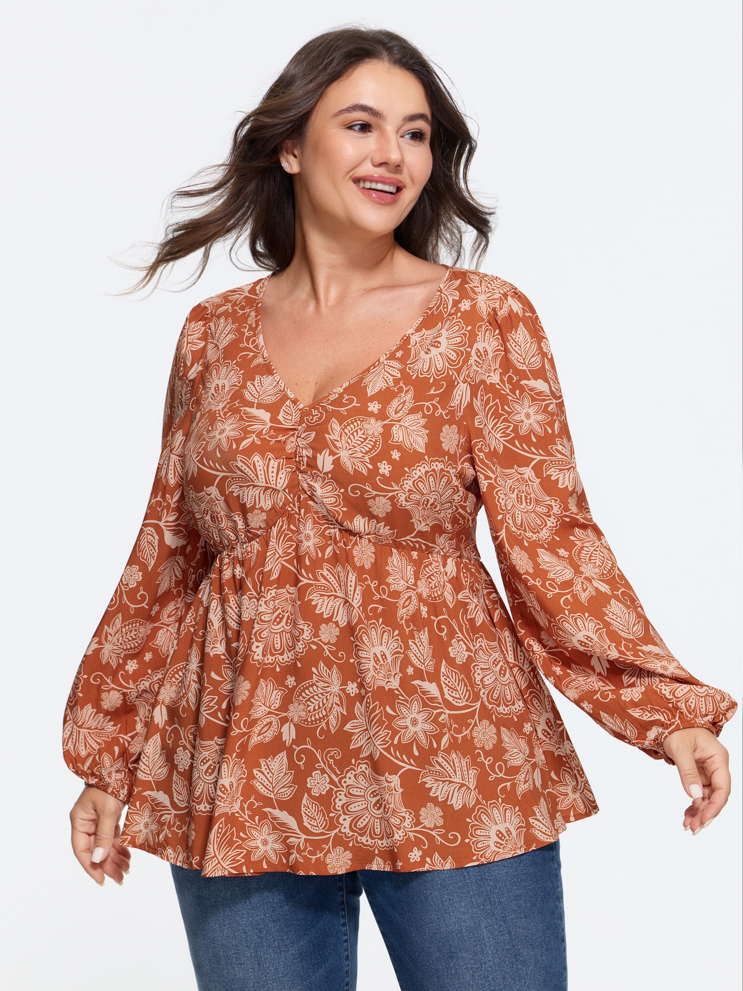 BloomChic Women's Plus Size Supersoft Floral Print V Neck Ruched Blouse Autumn Glaze Botanical Everyday-Casual Long Sleeve Deep V-Neck 10/M