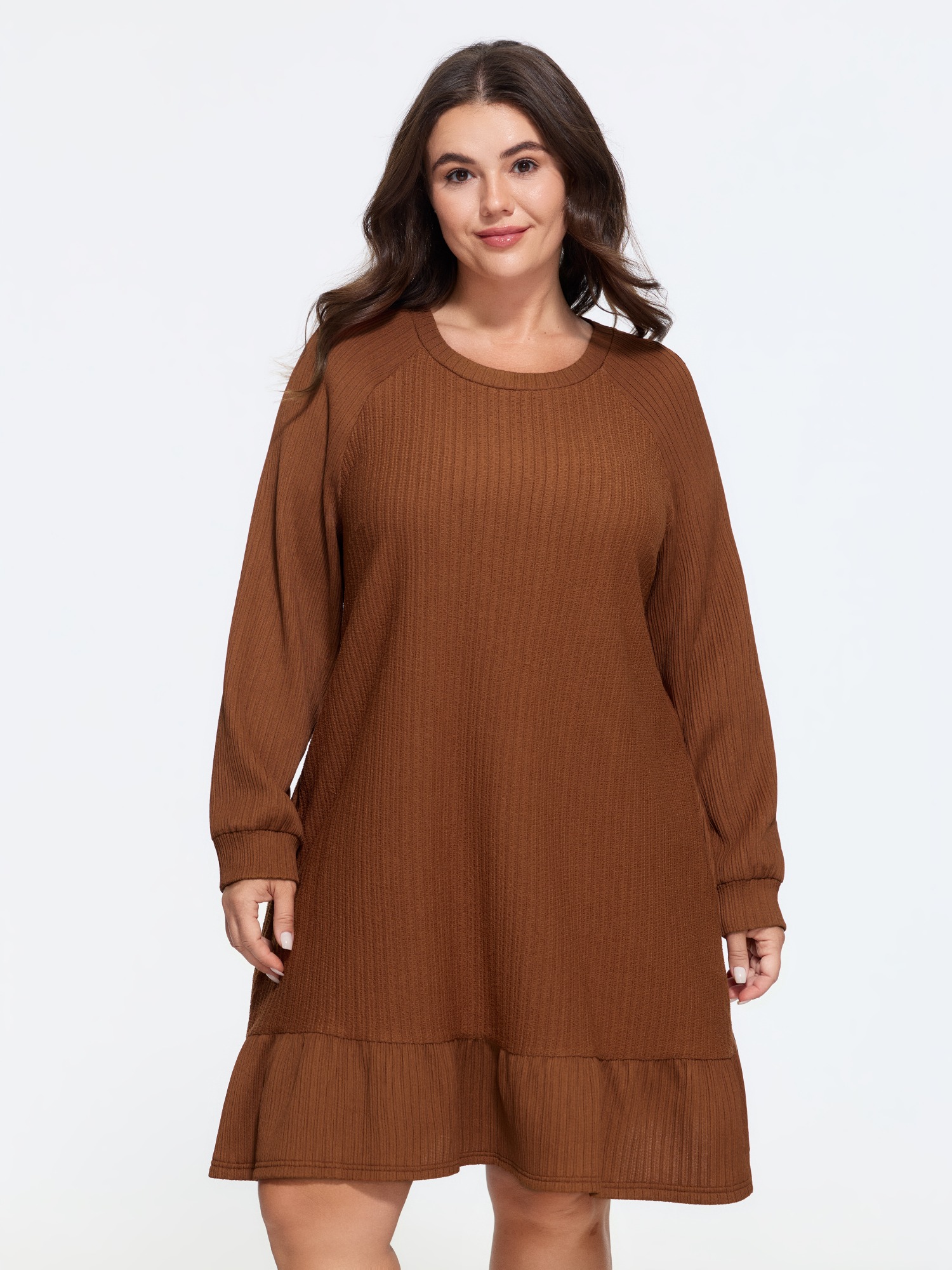 BloomChic Women's Plus Size Textured Ruffle Hem Midi Dress Potter's Clay Solid Mini Everyday-Casual Patchwork 10/M