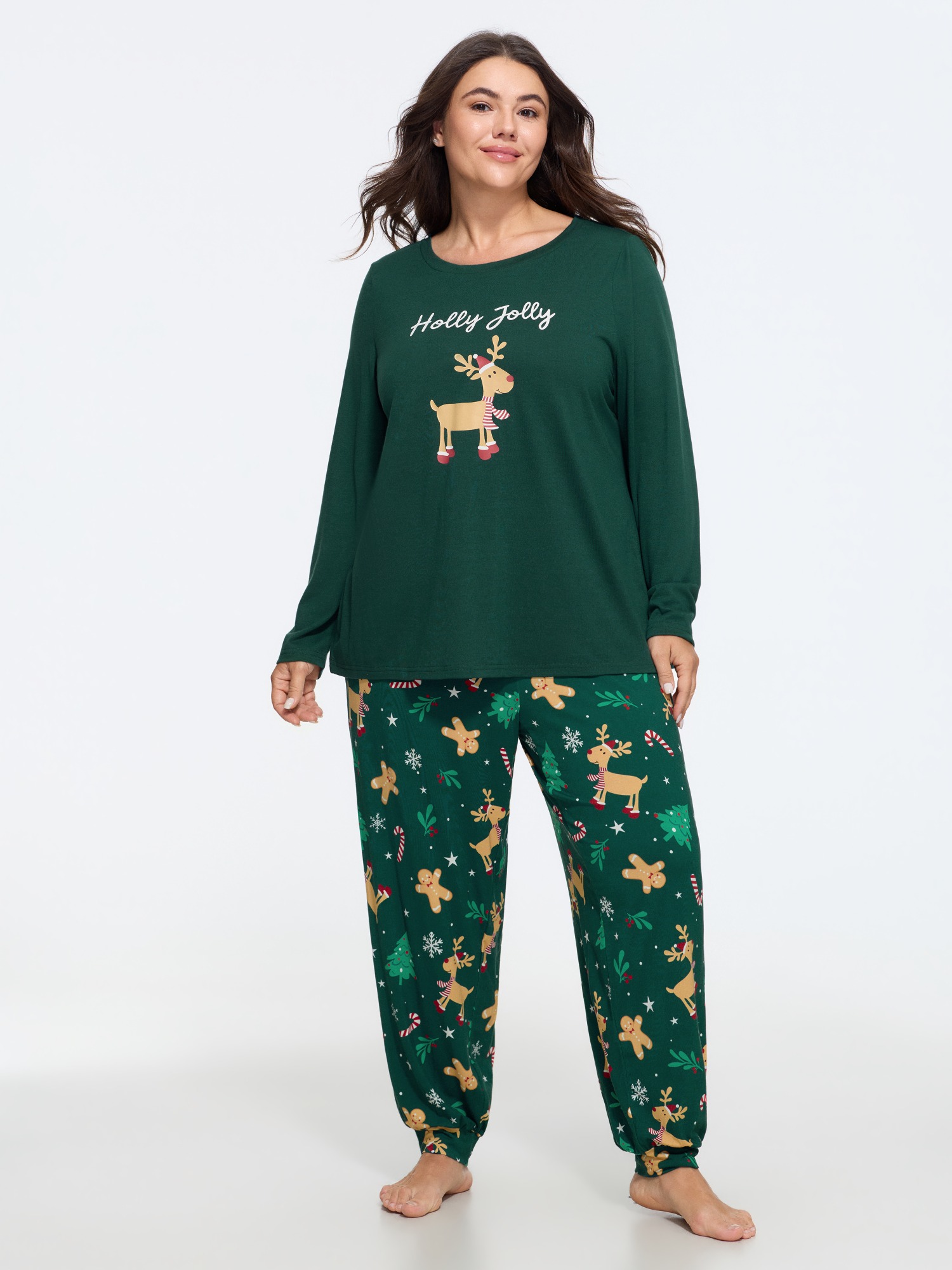 BloomChic Women's Plus Size Supersoft Christmas Reindeer Print Loungewear Set DarkSlateGray Christmas Long Sleeve Patchwork 10/M