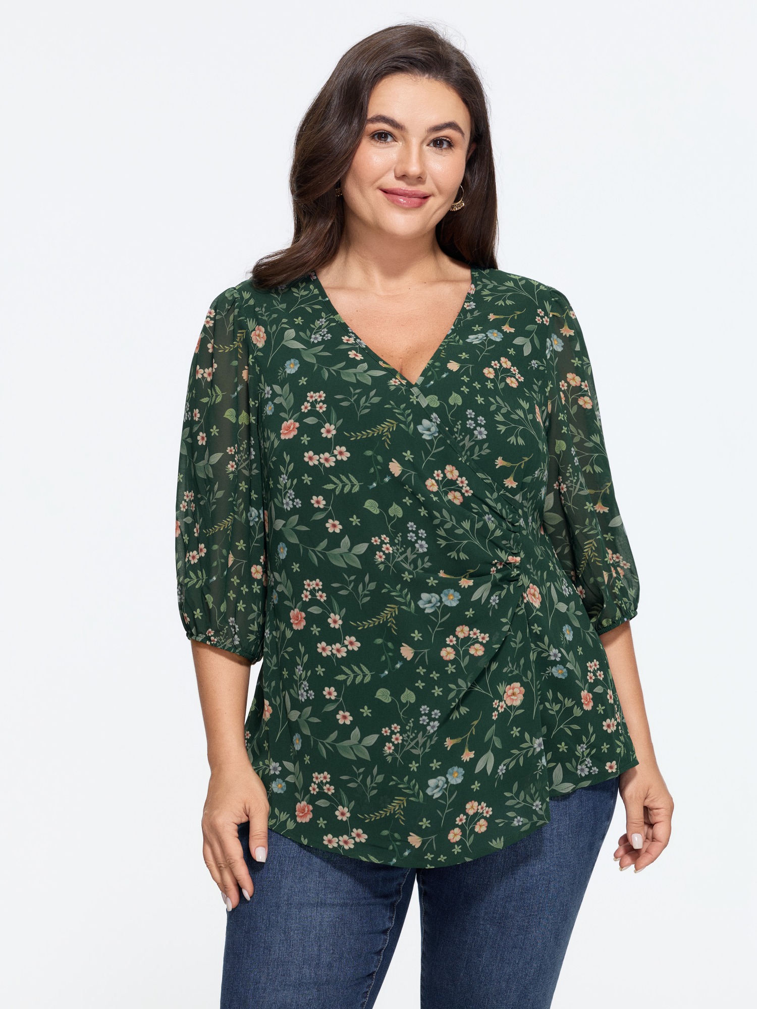BloomChic Women's Plus Size Floral Print Wrap Neck Ruched Blouse Hunter Green Floral Everyday-Elegant Long Sleeve V-Neck 10/M