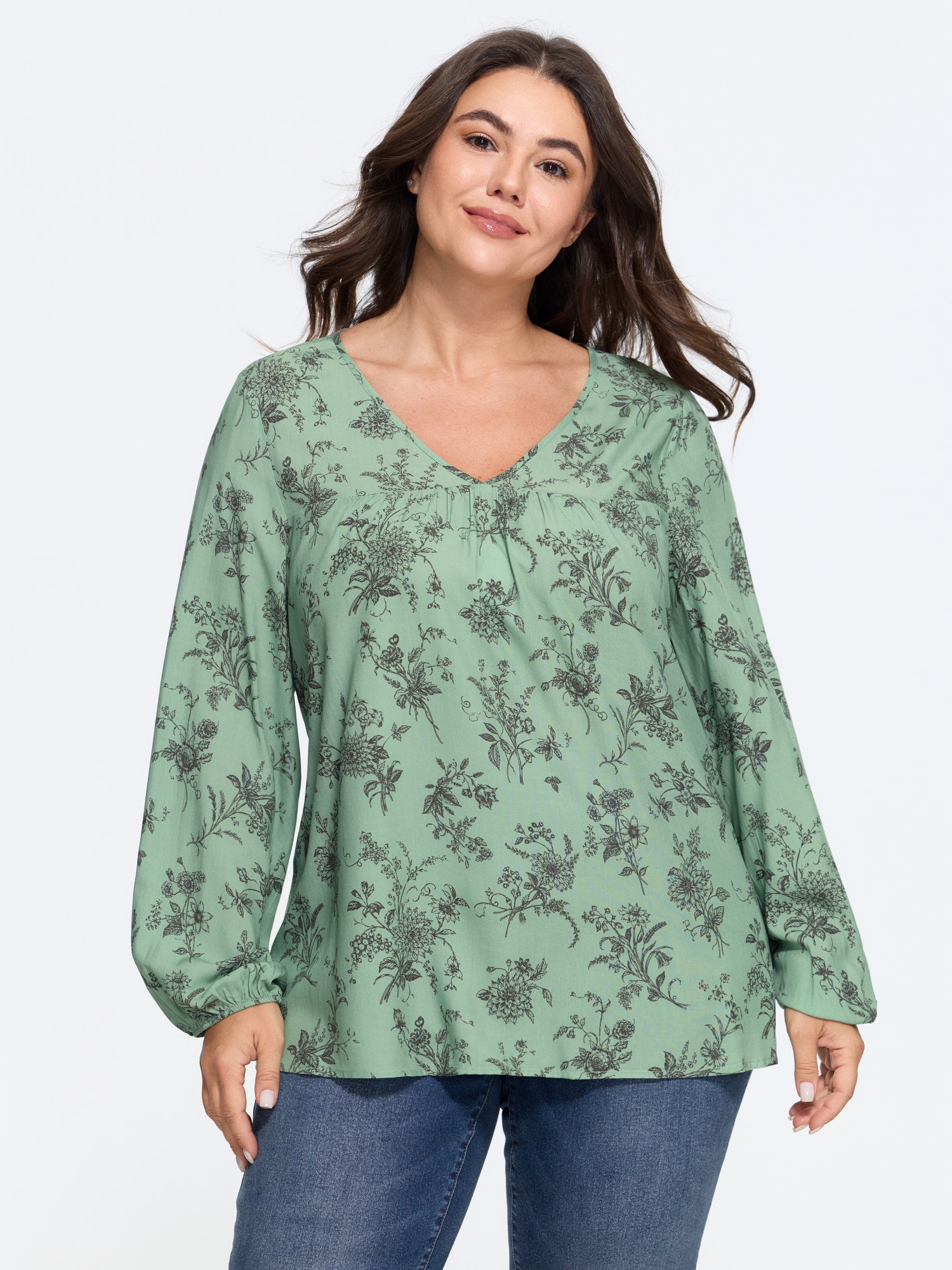 BloomChic Women's Plus Size Supersoft Floral Print Front Pleated Blouse Granite Green Floral Everyday-Casual Long Sleeve Deep V-Neck 12/L