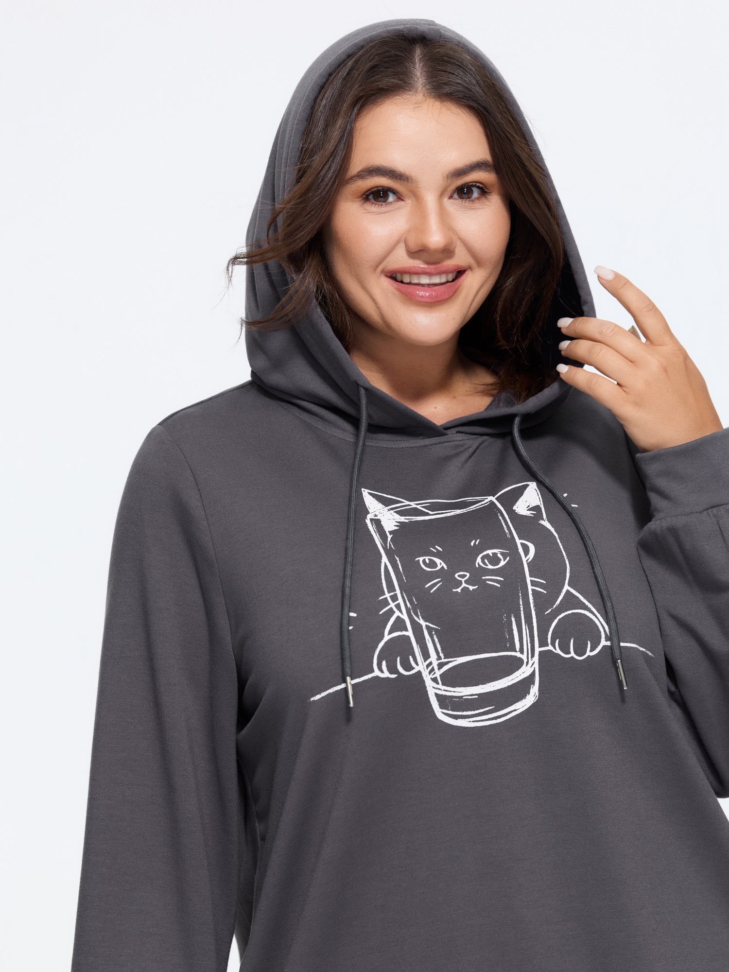 BloomChic Women's Plus Size Cat Graphic Drawstring Hoodie Sweatshirt Dark Core Everyday-Casual Hooded Neck 10/M