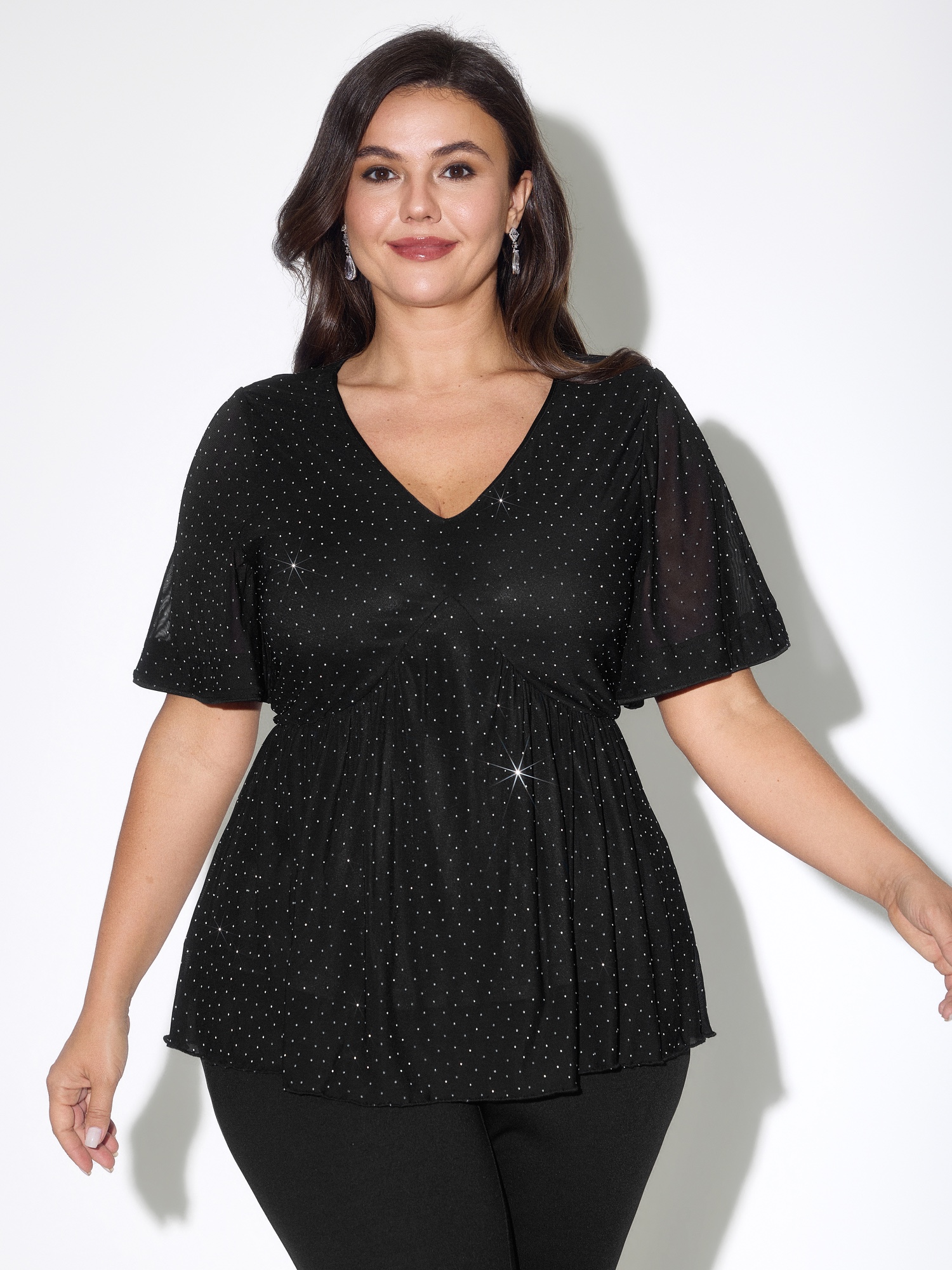 BloomChic Plus Size Polka Dot Mesh V Neck Peplum Top - Women's Black Tie-dye V-Neck Comfort Midsection Fit Cap Sleeve Americana Daily Knit Tops 14/M