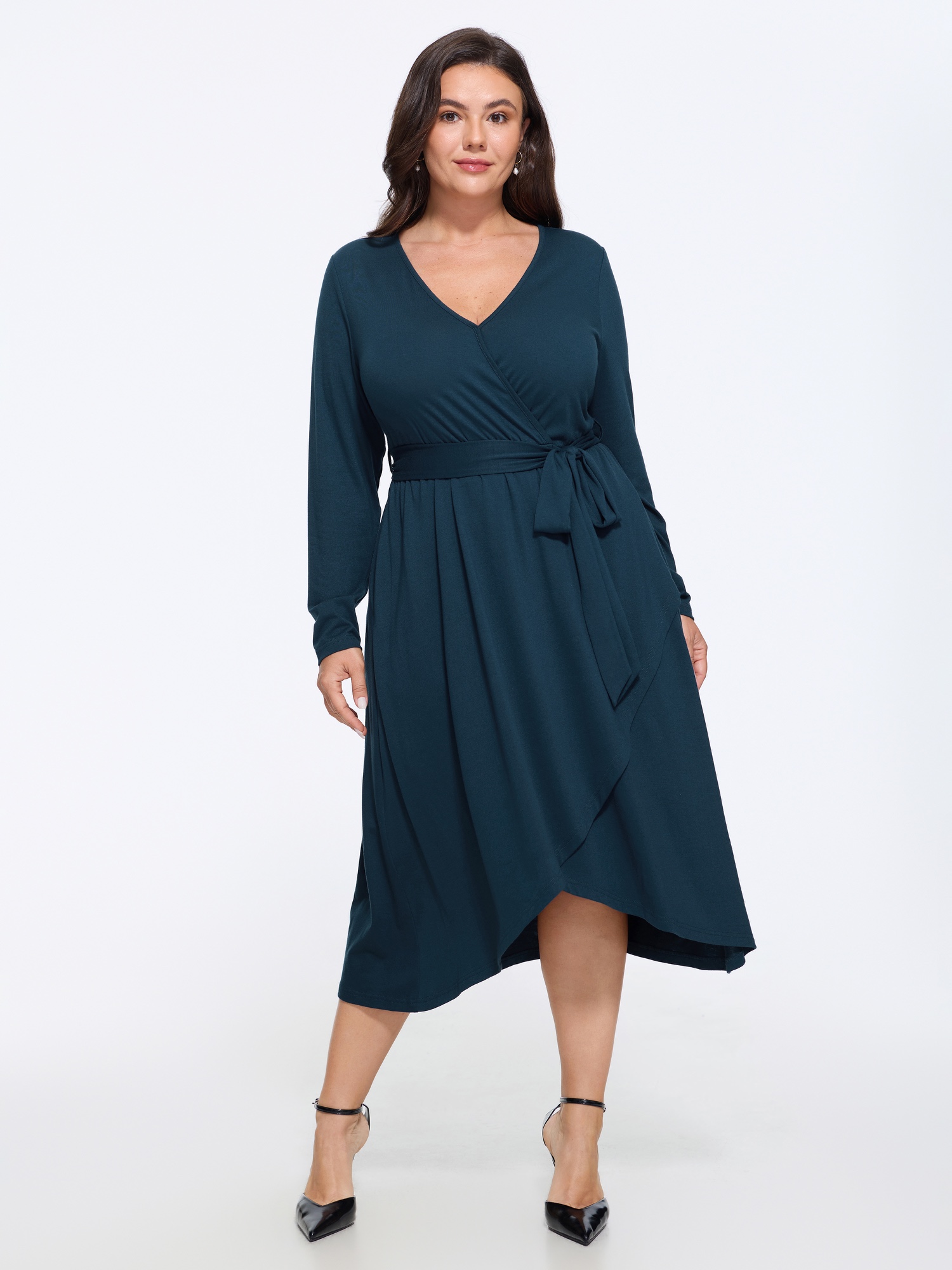 BloomChic Women's Plus Size Wrap Neck Waist Tie Midi Dress Sailor Blue Solid Tunic Everyday-Elegant Lace-Up 10/M