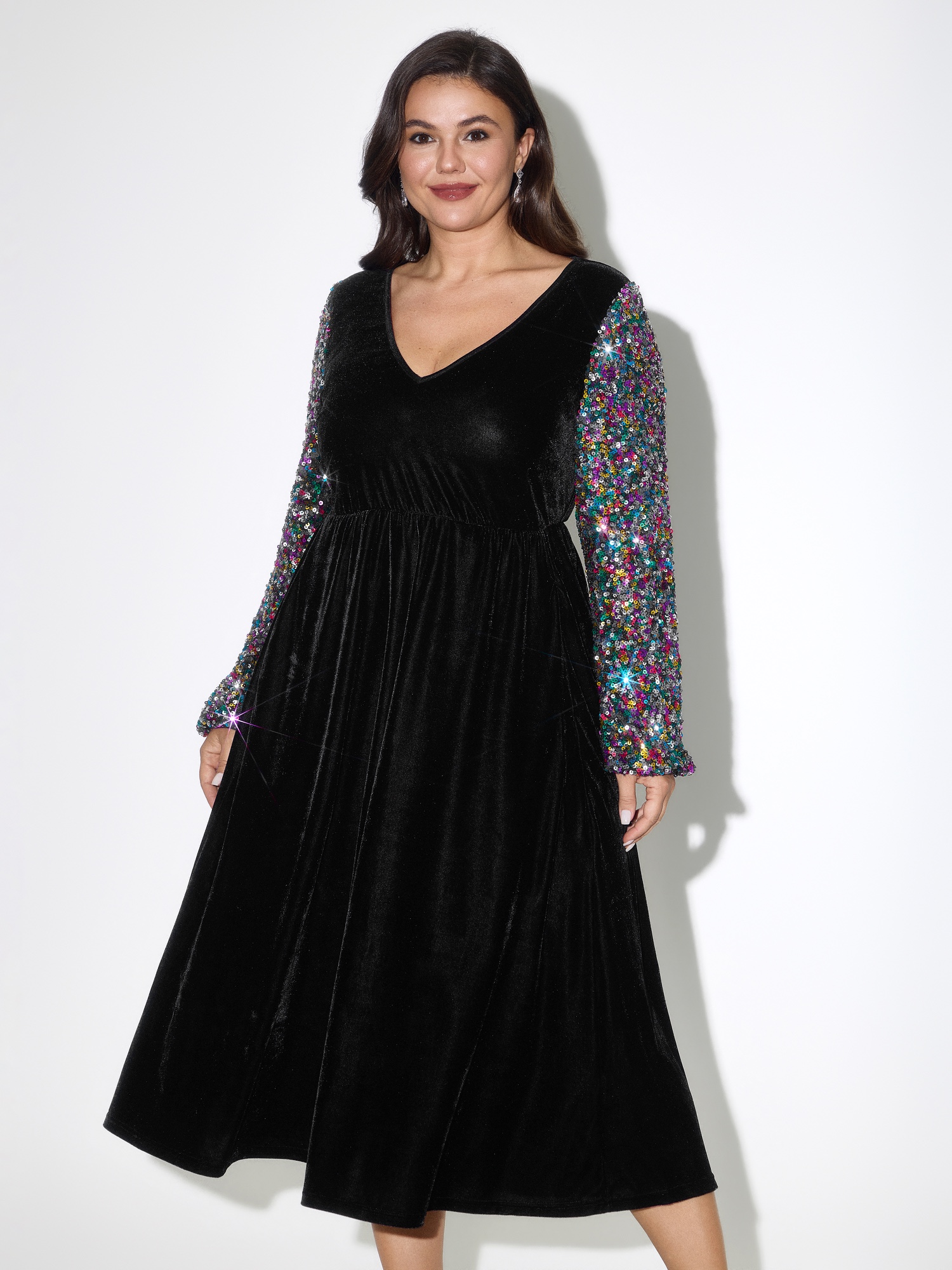 BloomChic Women's Plus Size Velvet Colorful Sequin Long Sleeve Midi Dress Black Occasion Midi Patchwork V-Neck 10/M