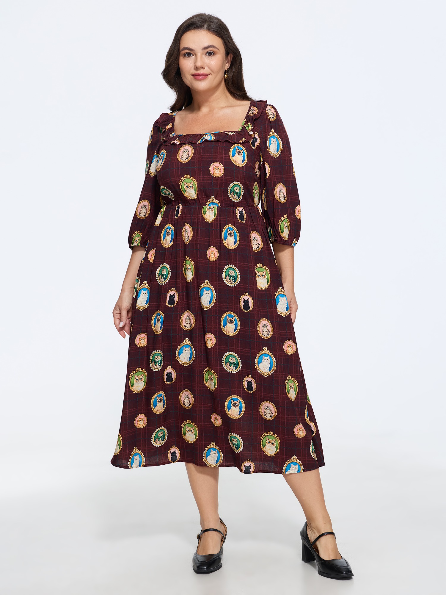 BloomChic Women's Plus Size Retro Cat Frame Print Plaid Midi Dress Burgundy Animal Motif Midi Everyday-Elegant Non 10/M
