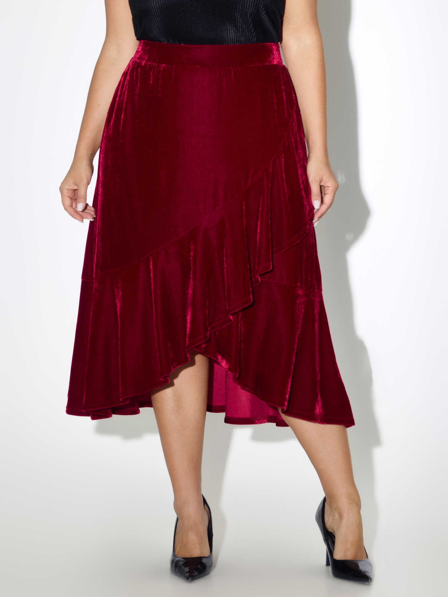Plus Size Velvet Ruffle Irregular Hem Midi Skirt - Curve Women's Lava Falls A-line Mid Rise Easy Pull-On Skirts 14/M