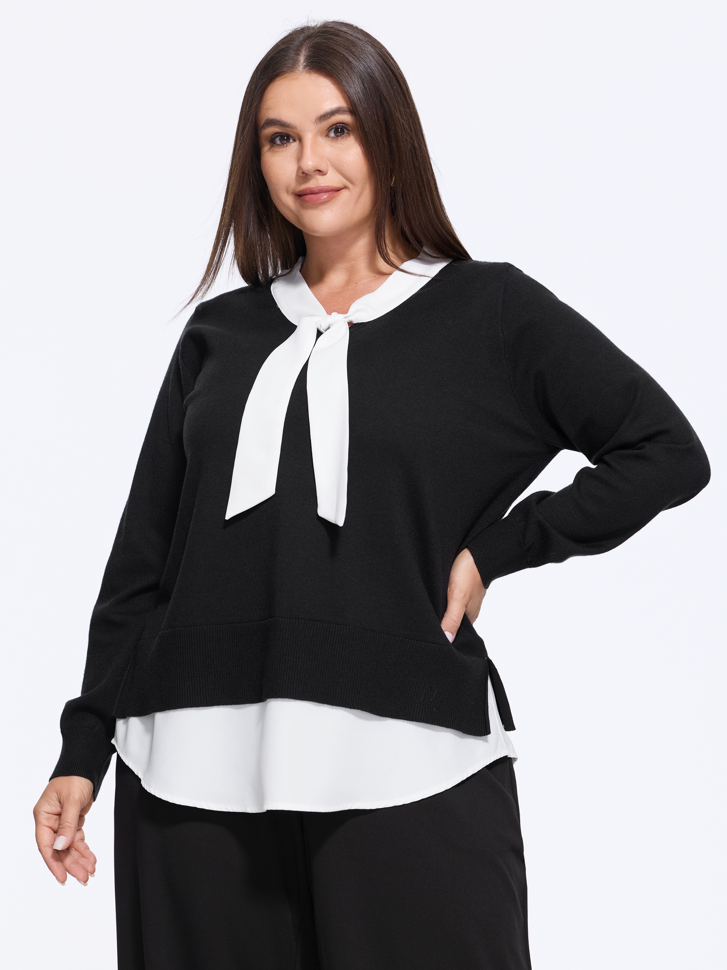 BloomChic Women's Plus Size Supersoft Bow Tie Collar Layered Hem Pullover Black Long Sleeve Knotted Neckline 10/M