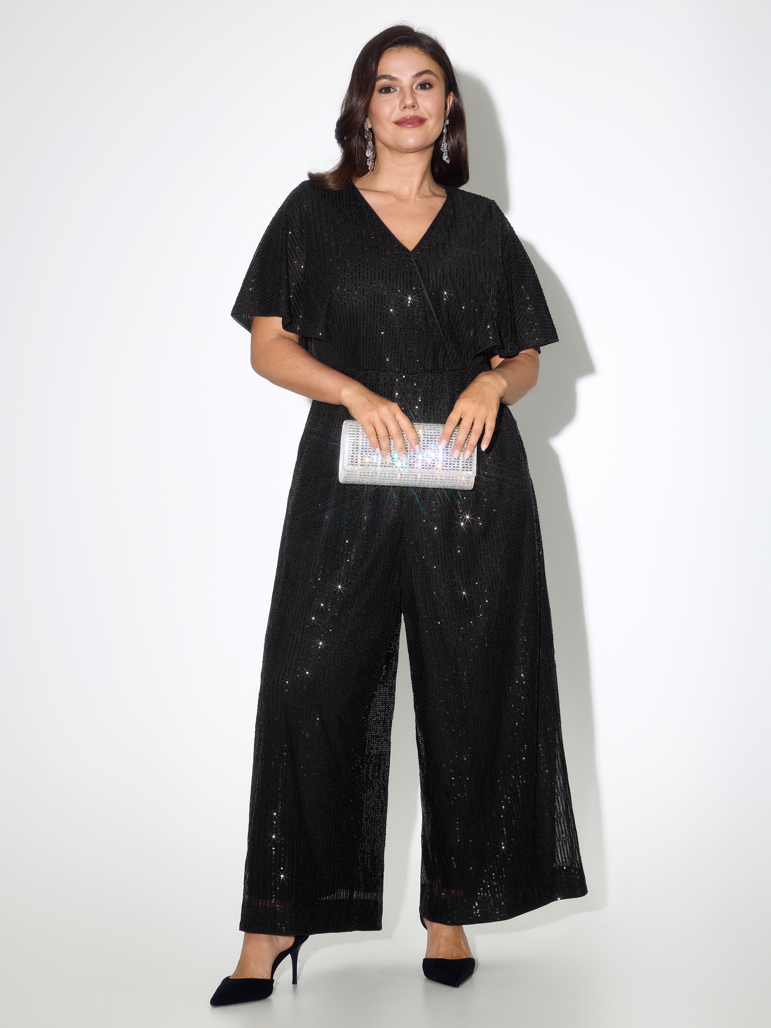 BloomChic Plus Size Sequin Wrap Neck Cape Sleeve Wide Leg Jumpsuit - Curve Women's Black Playsuit - Comfort Sleeve Fit Side Pocket Wide leg Jumpsuits 14/M