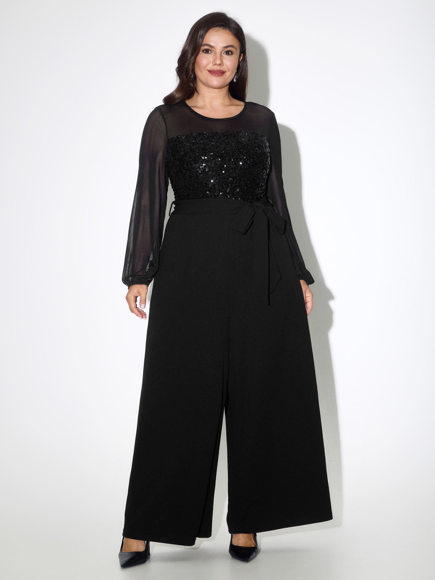 BloomChic Plus Size Mesh Long Sleeve Sequin Belted Wide Leg Jumpsuit - Curve Women's Black Playsuit - Leg-Lengthening Look Side Pocket Wide leg Jumpsuits 14/M