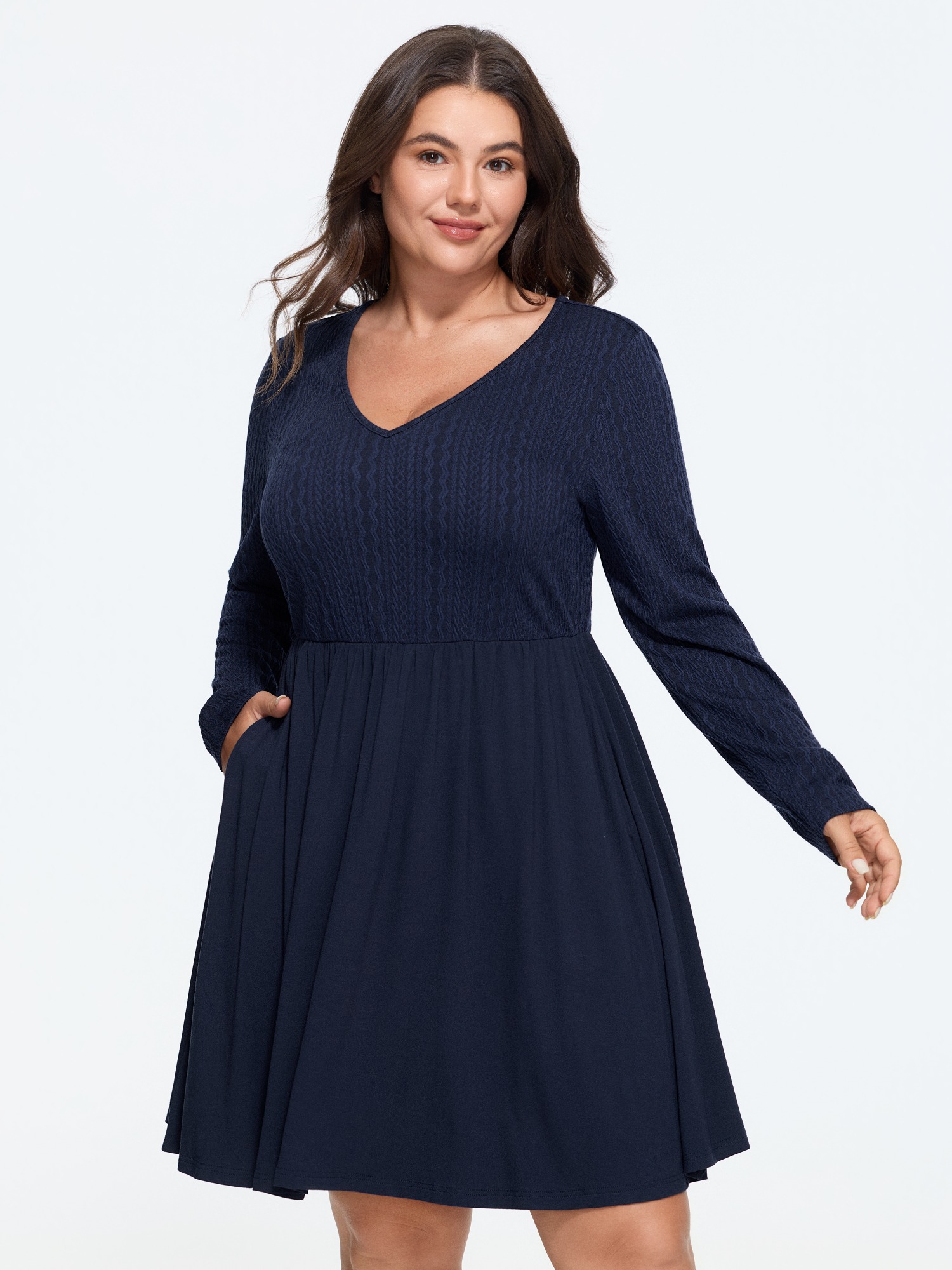 BloomChic Women's Plus Size Supersoft Textured V Neck Long Sleeve Mini Dress Ocean Solid Mini Everyday-Casual Patchwork 10/M