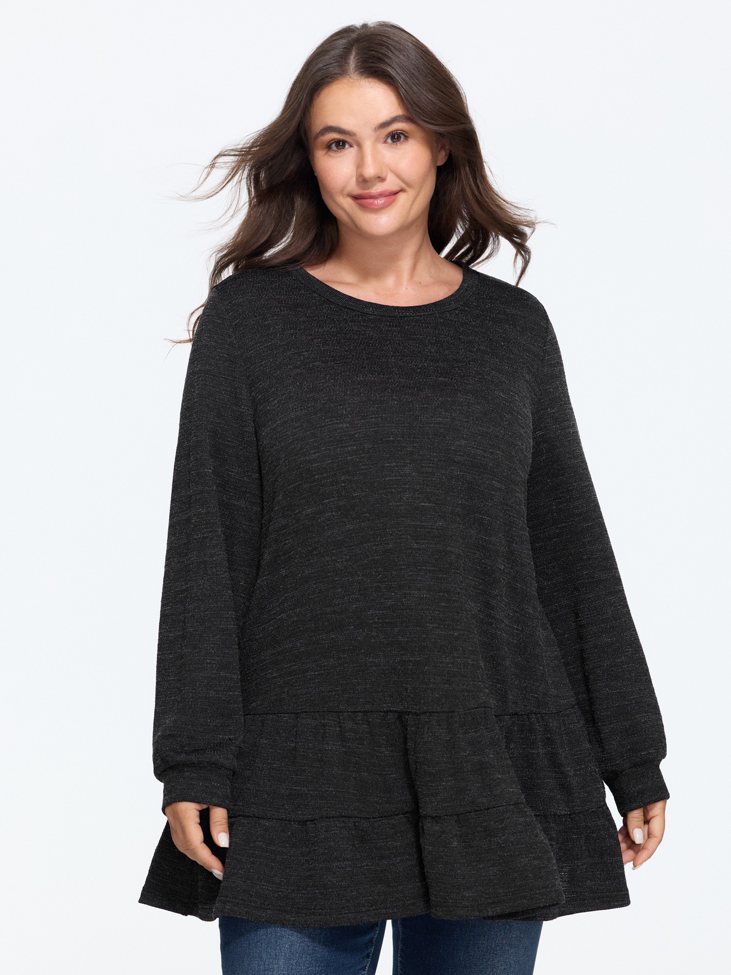 BloomChic Plus Size Crew Neck Tiered Ruffle Hem Sweatshirt - Women's Black Solid Round Neck Comfort Midsection Fit Long Sleeve Americana Daily Sweatshirts 14/M