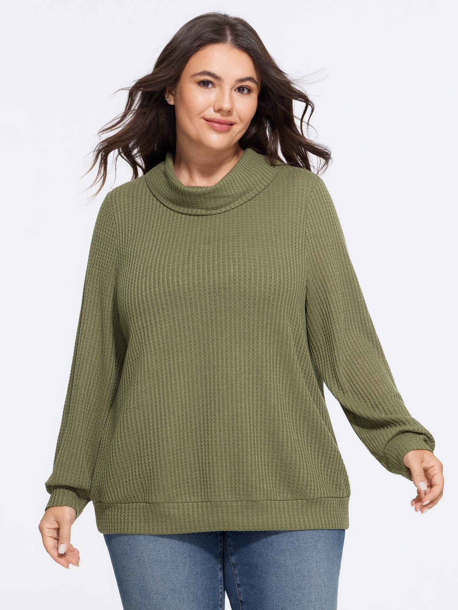 BloomChic Women's Plus Size Cowl Neck Waffle Knit T-Shirt Tea Solid Everyday-Casual Long Sleeve Funnel Neck 10/M