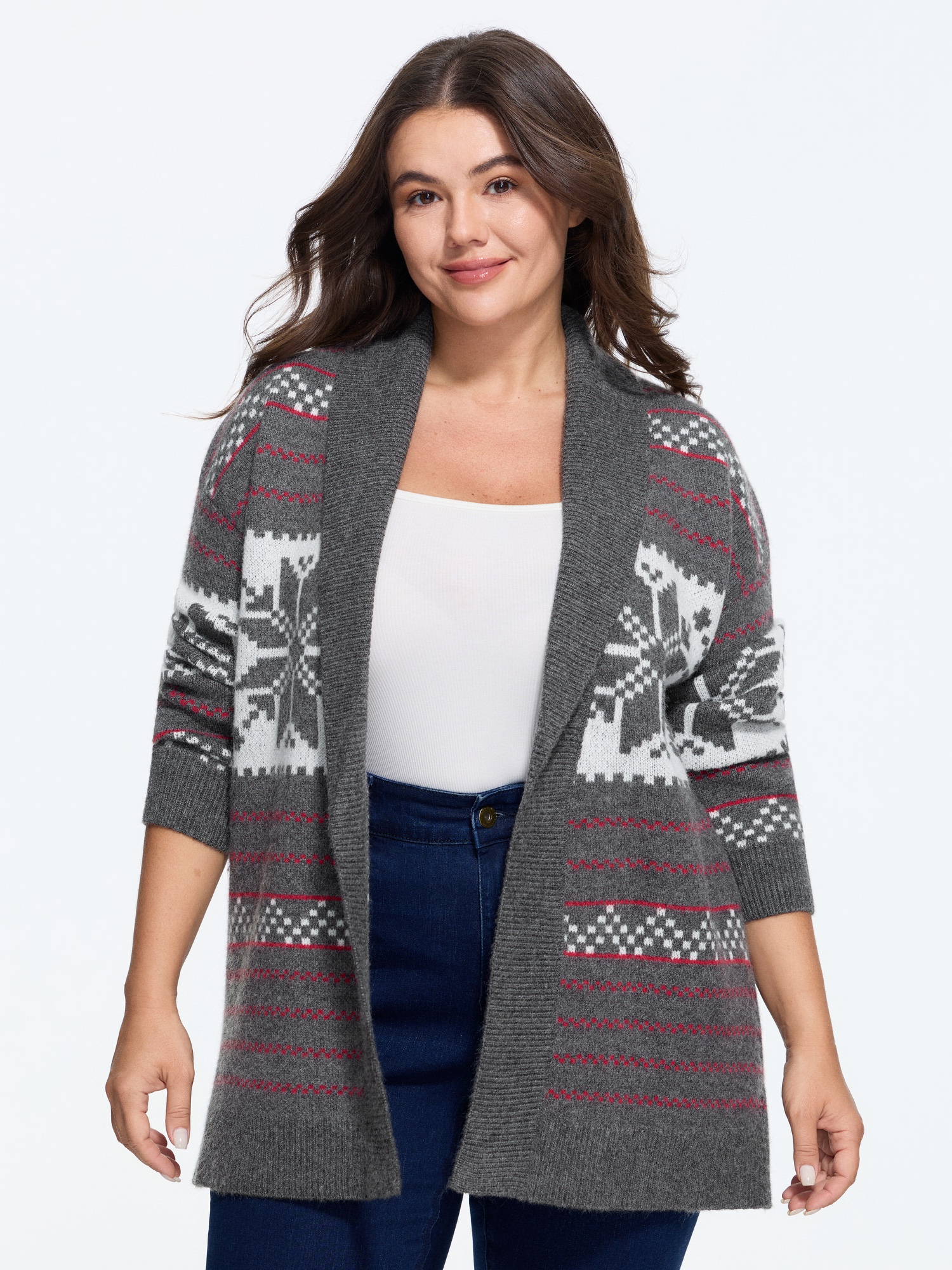 BloomChic Women's Plus Size Snowflake Jacquard Shawl Collar Open Front Cardigan Multicolor Long Sleeve Wide Lapel 10/M