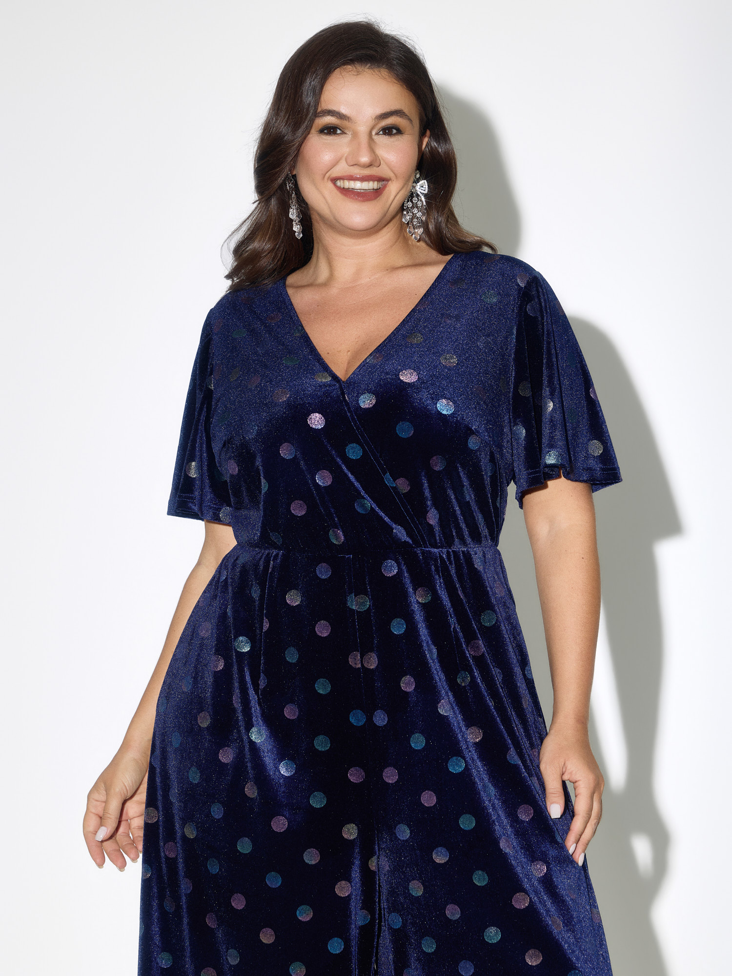 BloomChic Plus Size Velvet Iridescent Polka Dot Wrap Neck Wide Leg Jumpsuit - Curve Women's Estate Blue Playsuit - Leg-Lengthening Look Side Pocket Wide leg Jumpsuits 22-24/2X