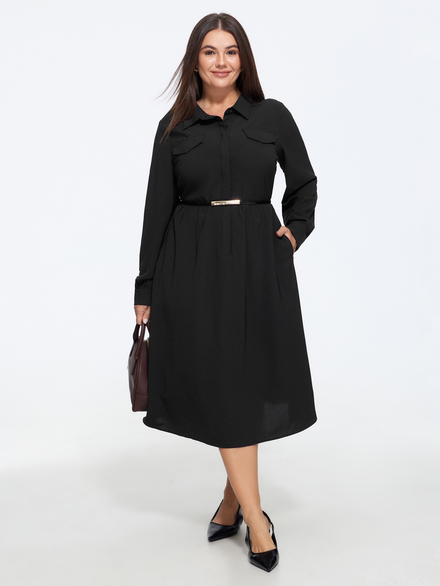 BloomChic Women's Plus Size Collared Half Button Placket Pocket Midi Dress Black Solid Midi Office Smocked 10/M