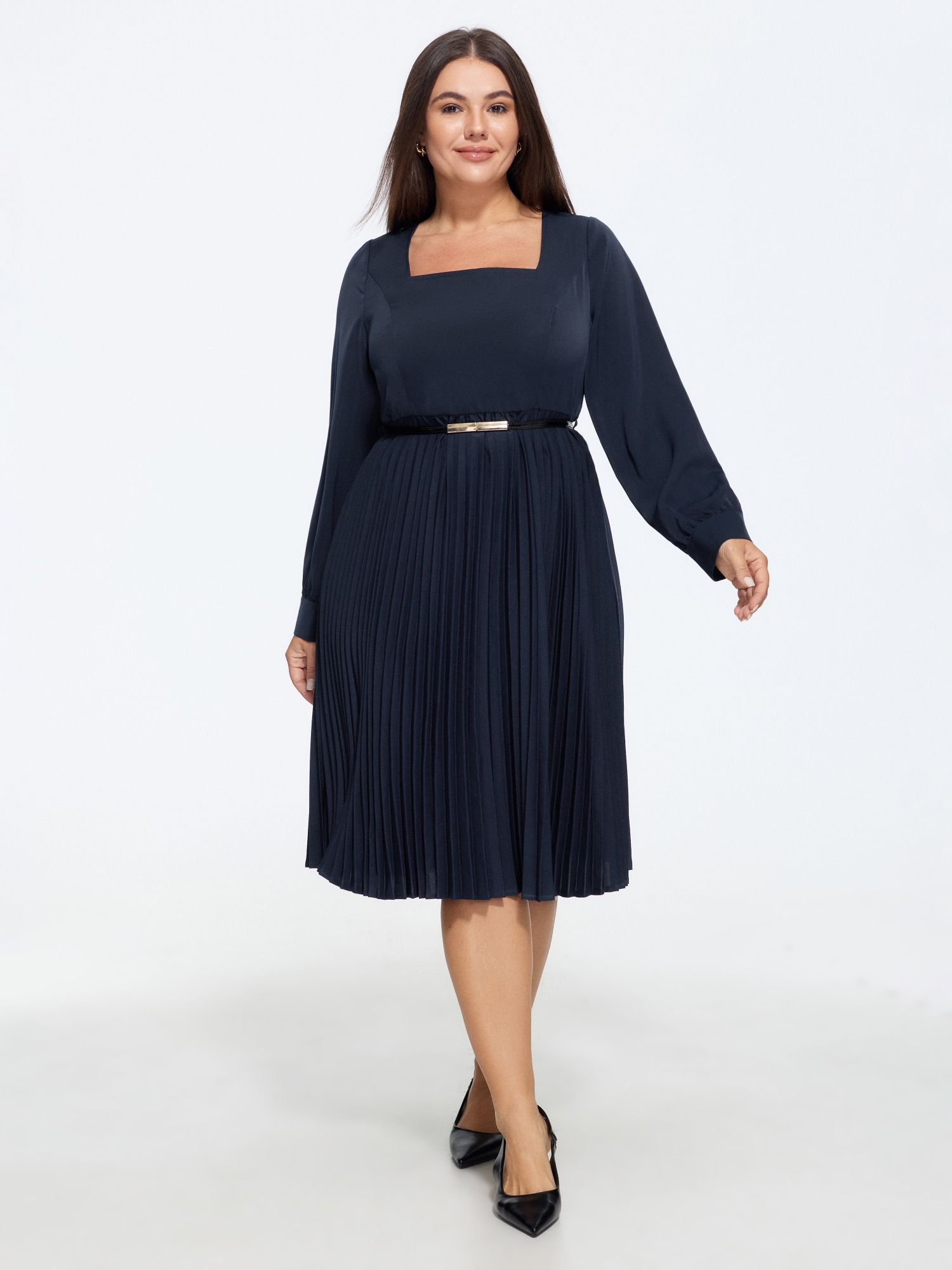 BloomChic Women's Plus Size Square Neck Long Sleeve Pleated Midi Dress Indigo Solid Knee Length Office Patchwork 10/M