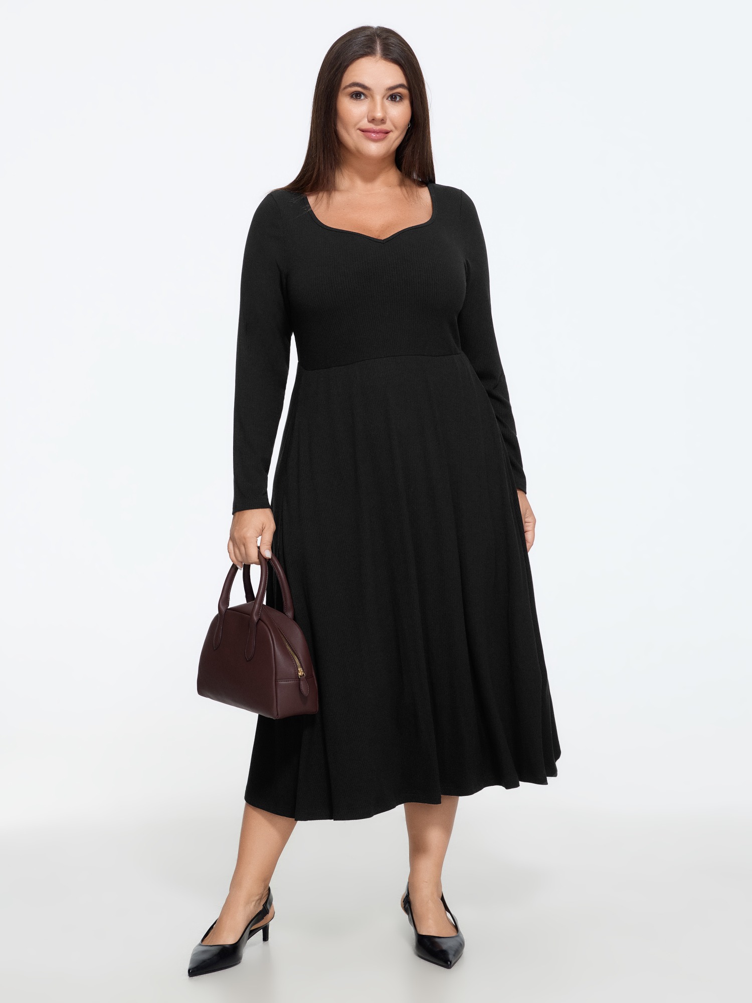 BloomChic Women's Plus Size Stretchy Heart Neck Ribbed Knit Midi Dress Black Solid Midi Office Smocked 22-24/3X