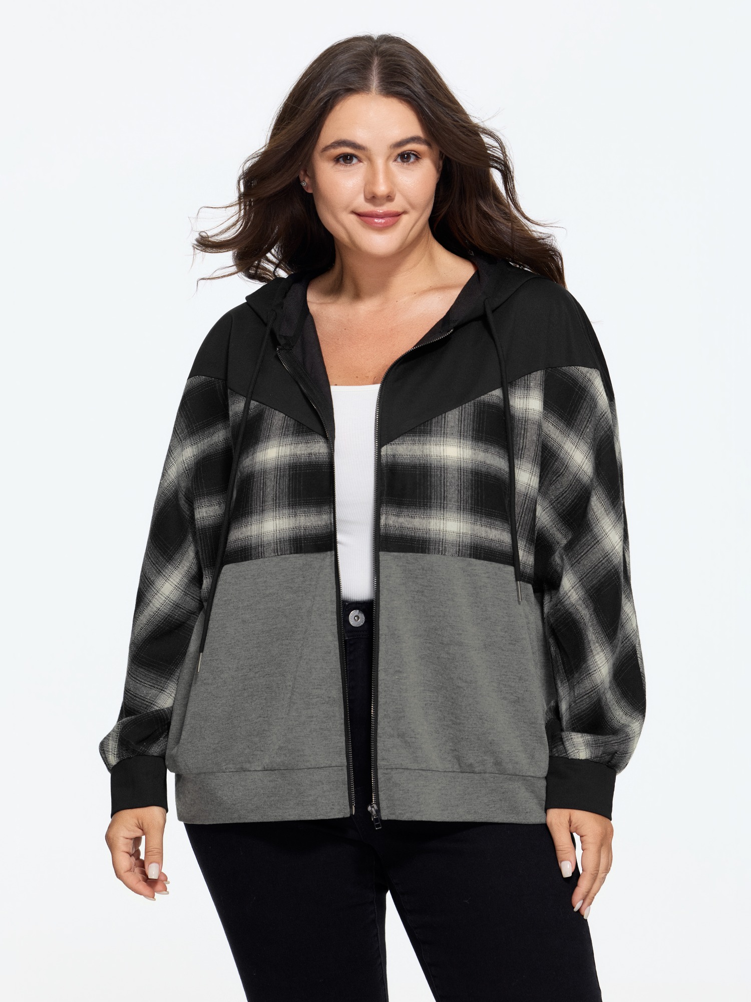 Plaid Color Block Drawstring Zipper Hoodie