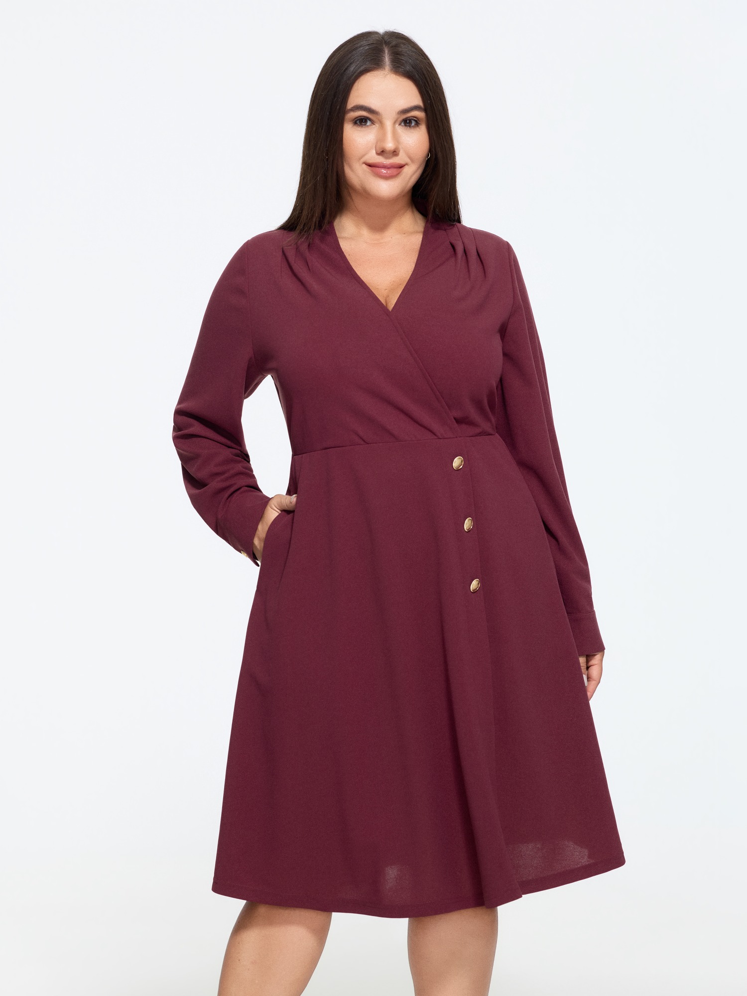 BloomChic Women's Plus Size Wrap Neck Button Detail Midi Dress Merlot Solid Midi Office Wrap / Overlap 10/M