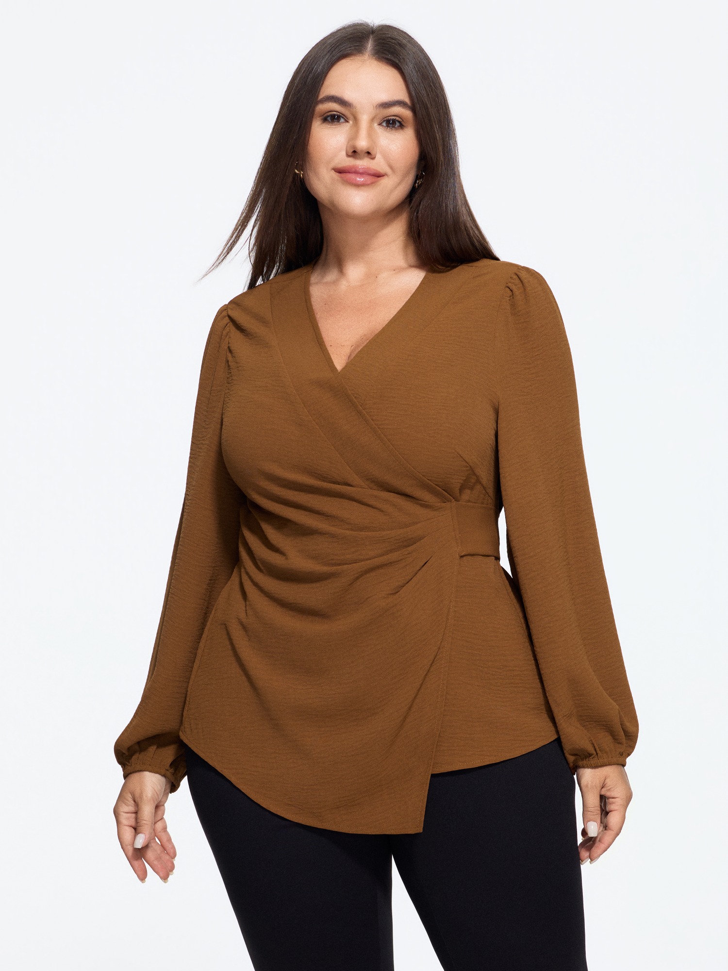 BloomChic Women's Plus Size Solid Ruched Wrap Waist Tie Blouse Lmperial Popaz Solid Office Long Sleeve V-Neck 10/M