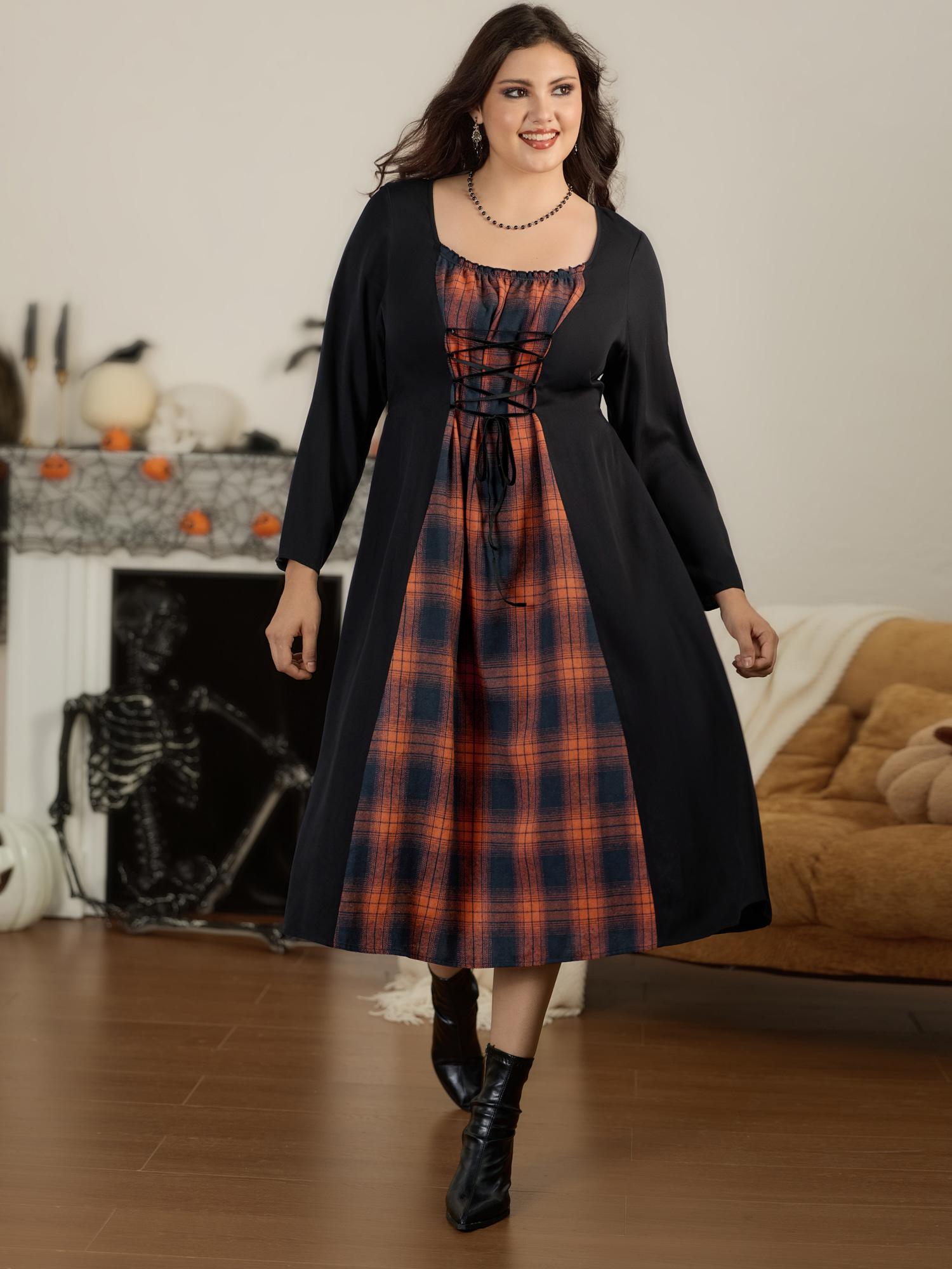 BloomChic Plus Size Lace‑Up Corset Detail Check Patchwork Midi Dress - Curve Ladies Black 节庆款 Sleeveless Plaid Side Pocket Daily Dresses 14/M