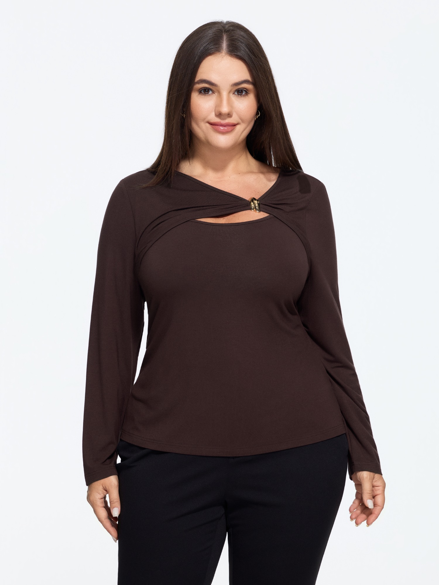 BloomChic Women's Plus Size Stretchy Twist Metal Detail Cut Out Top Chocolate Martini Long Sleeve Office Asymmetrical Neckline 10/M
