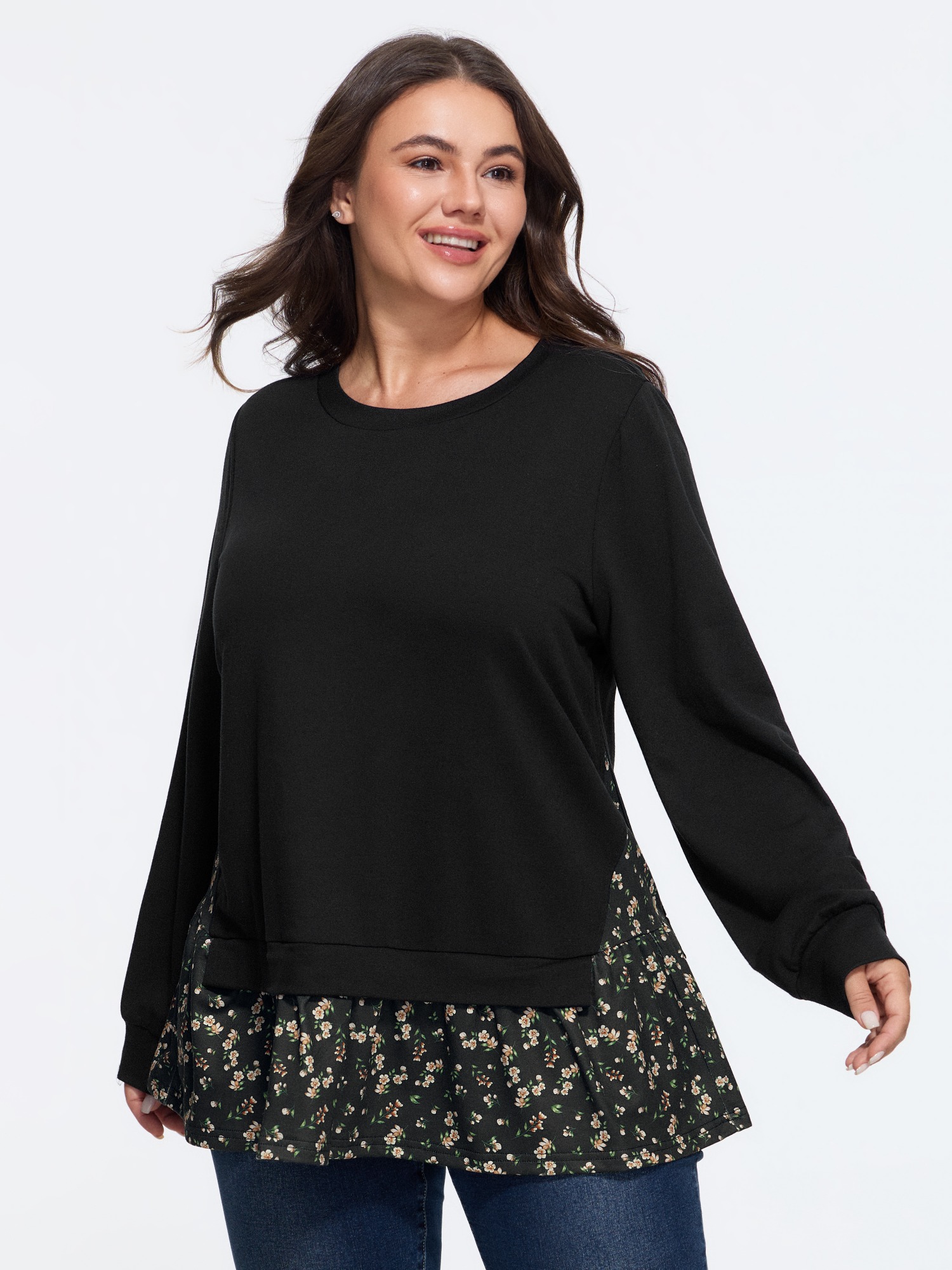 BloomChic Women's Plus Size Round Neck Floral Ruffle Hem Patchwork Sweatshirt Black Everyday-Casual Round Neck 10/M