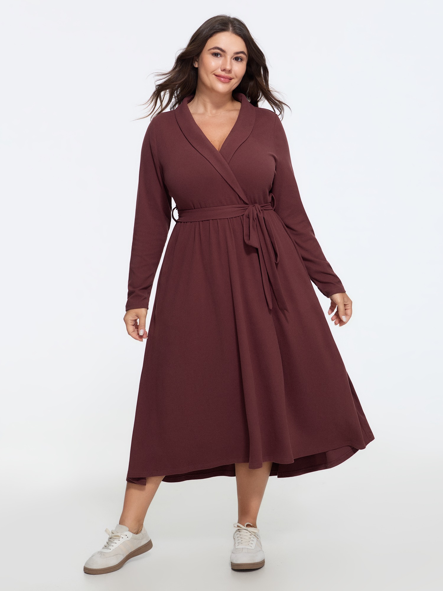 BloomChic Women's Plus Size Supersoft Shawl Collar Wrap Tie Waist Midi Dress Madder Brown Solid Midi Everyday-Casual Lace-Up 10/M