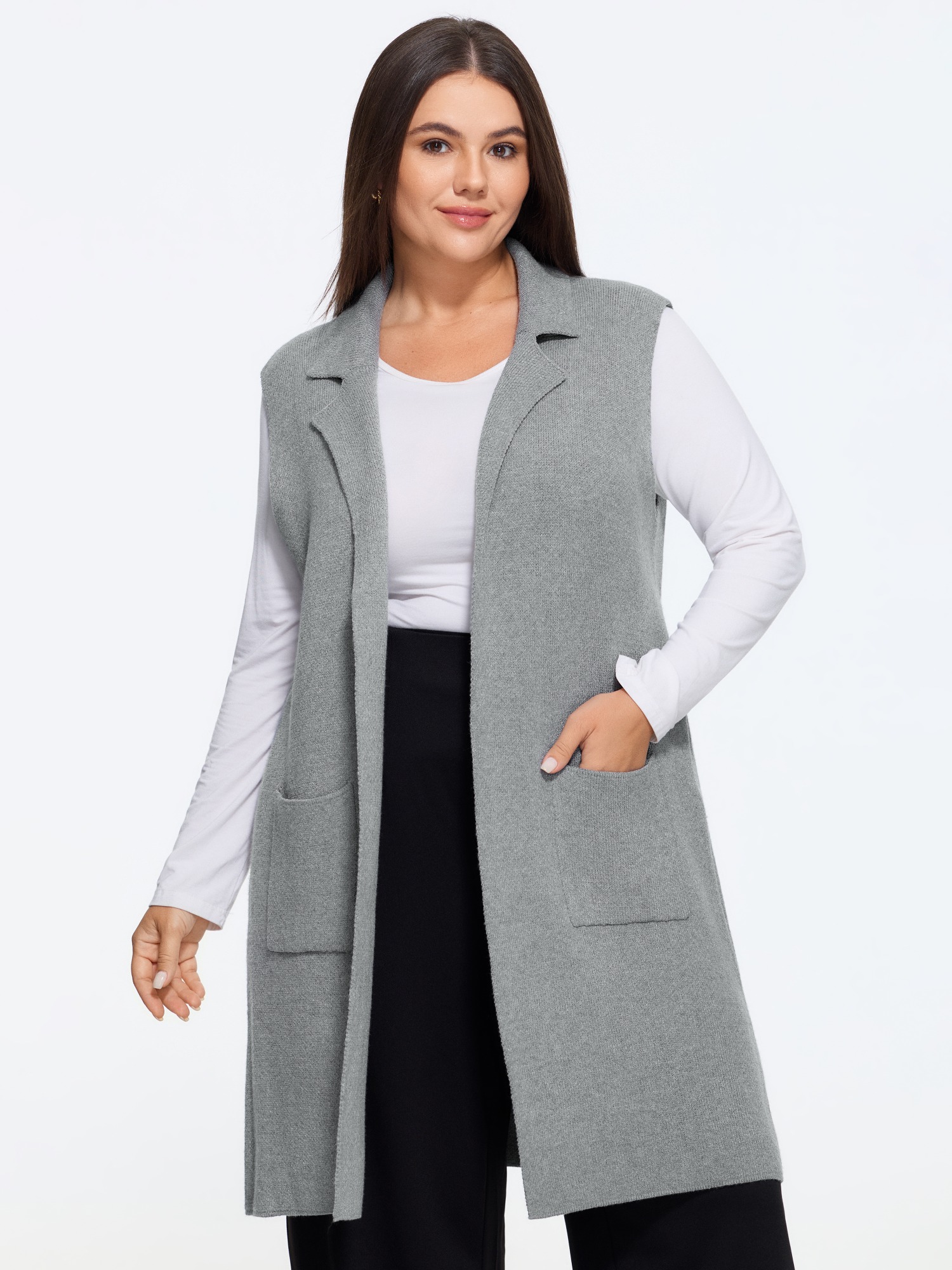 BloomChic Supersoft Lapel Collar Pocket Long Knit Sweater Vest Women's Plus Size Women Mediumgray Notched Lapel 10/M