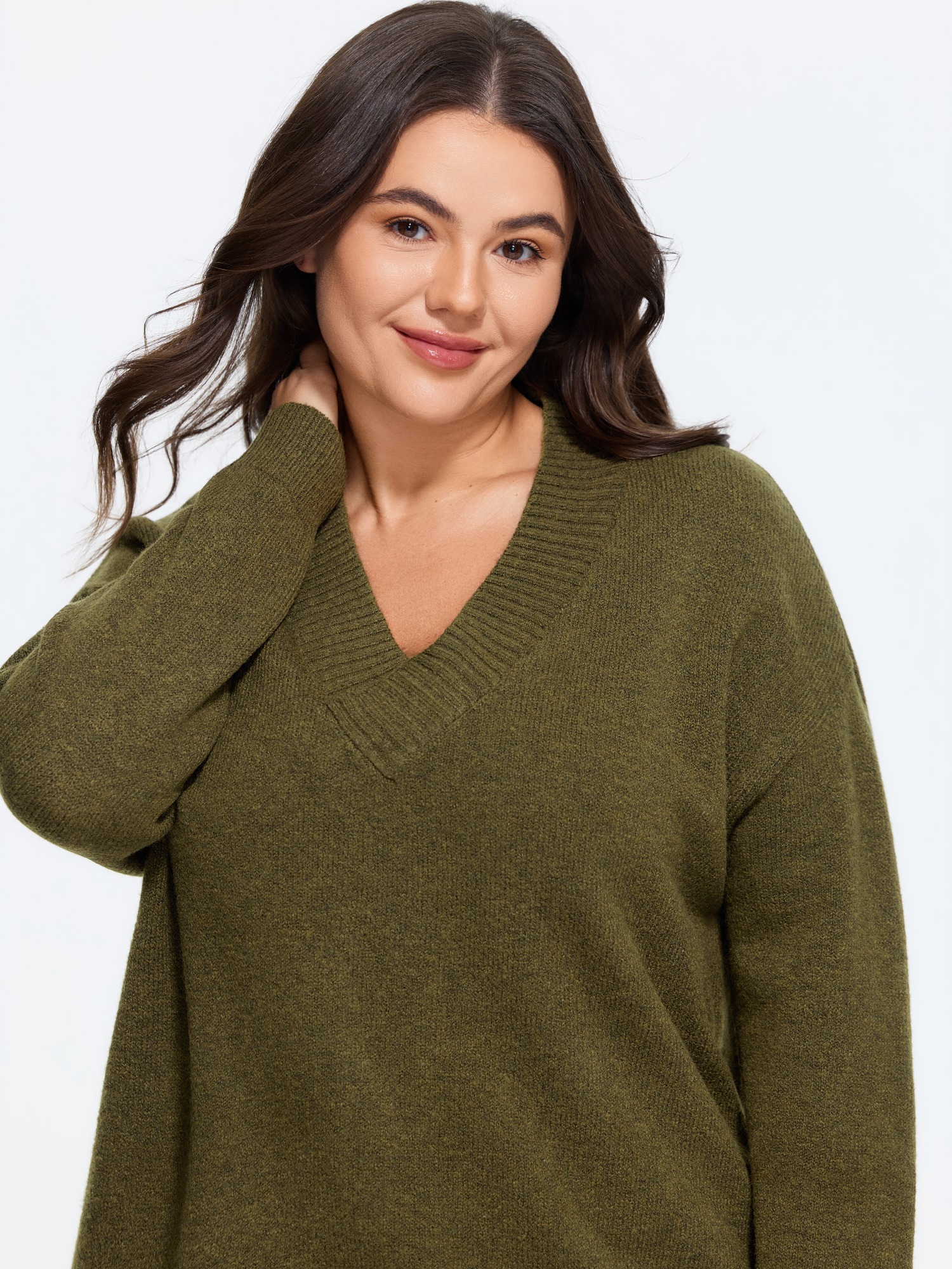 BloomChic Women's Plus Size Wool Blend V Neck Loose Fit Pullover ArmyGreen Long Sleeve Deep V-Neck 10/M