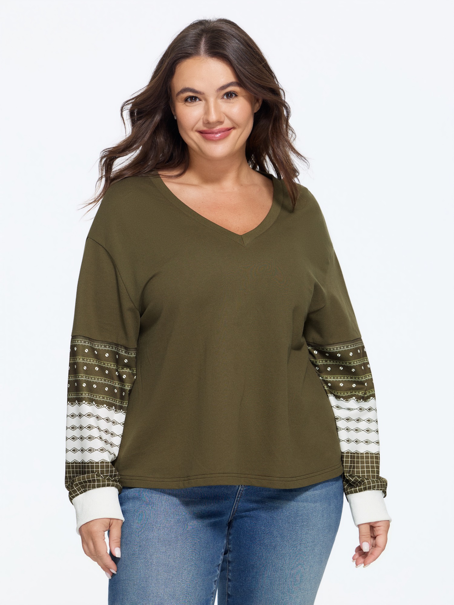 BloomChic Women's Plus Size Cotton V Neck Patchwork Long Sleeve Sweatshirt Dusty Olive Everyday-Casual Deep V-Neck 10/M