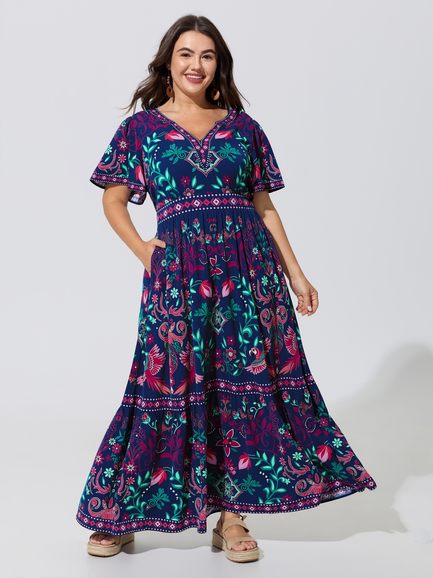 BloomChic Women's Plus Size Boho Floral Print Notched Collar Tiered Maxi Dress Sailor Blue Tropical Maxi Vacation 10/M
