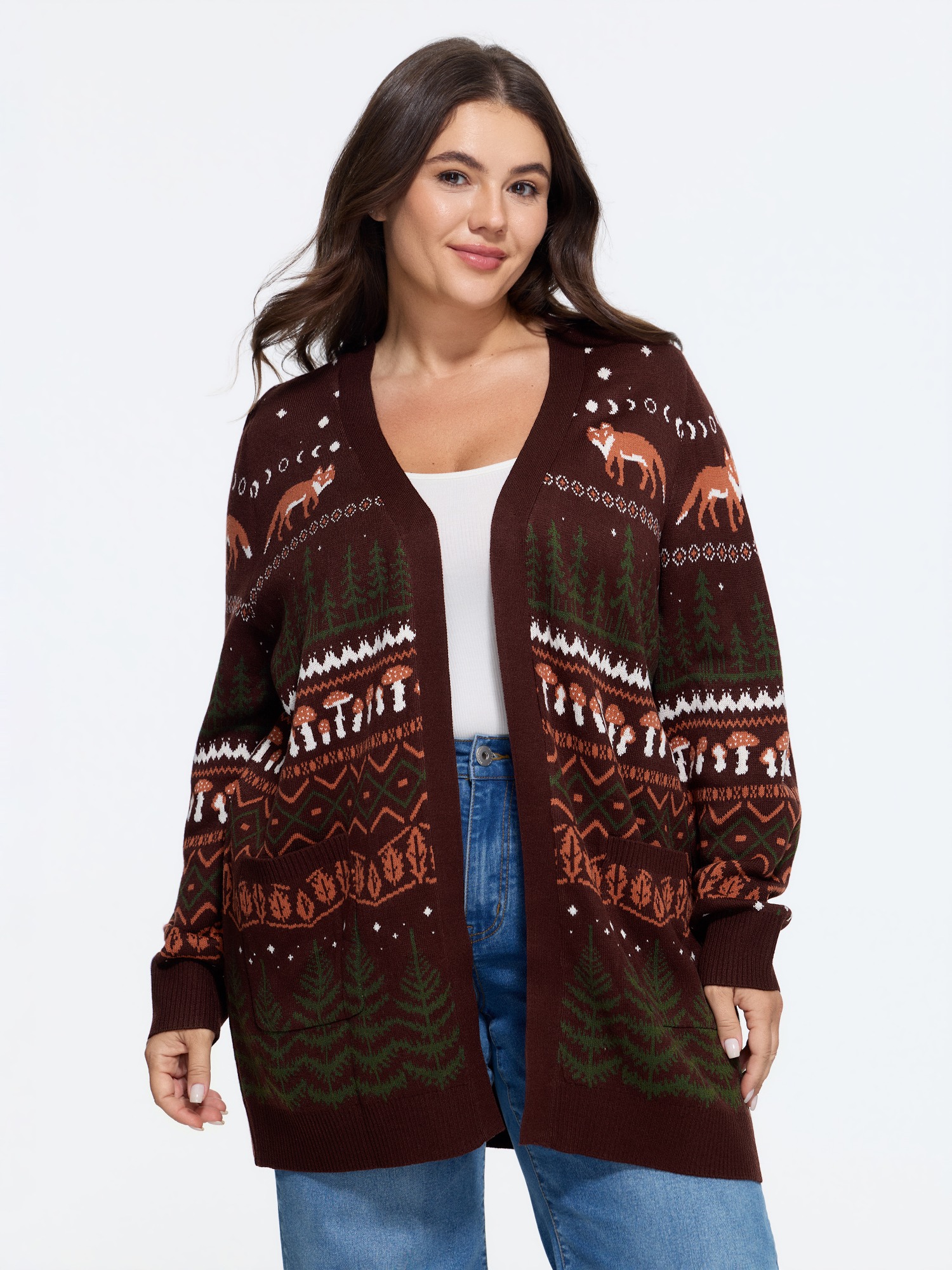 BloomChic Women's Plus Size Fox in Forest Contrast Knit Cardigan Chocolate Lab Long Sleeve V-Neck 10/M