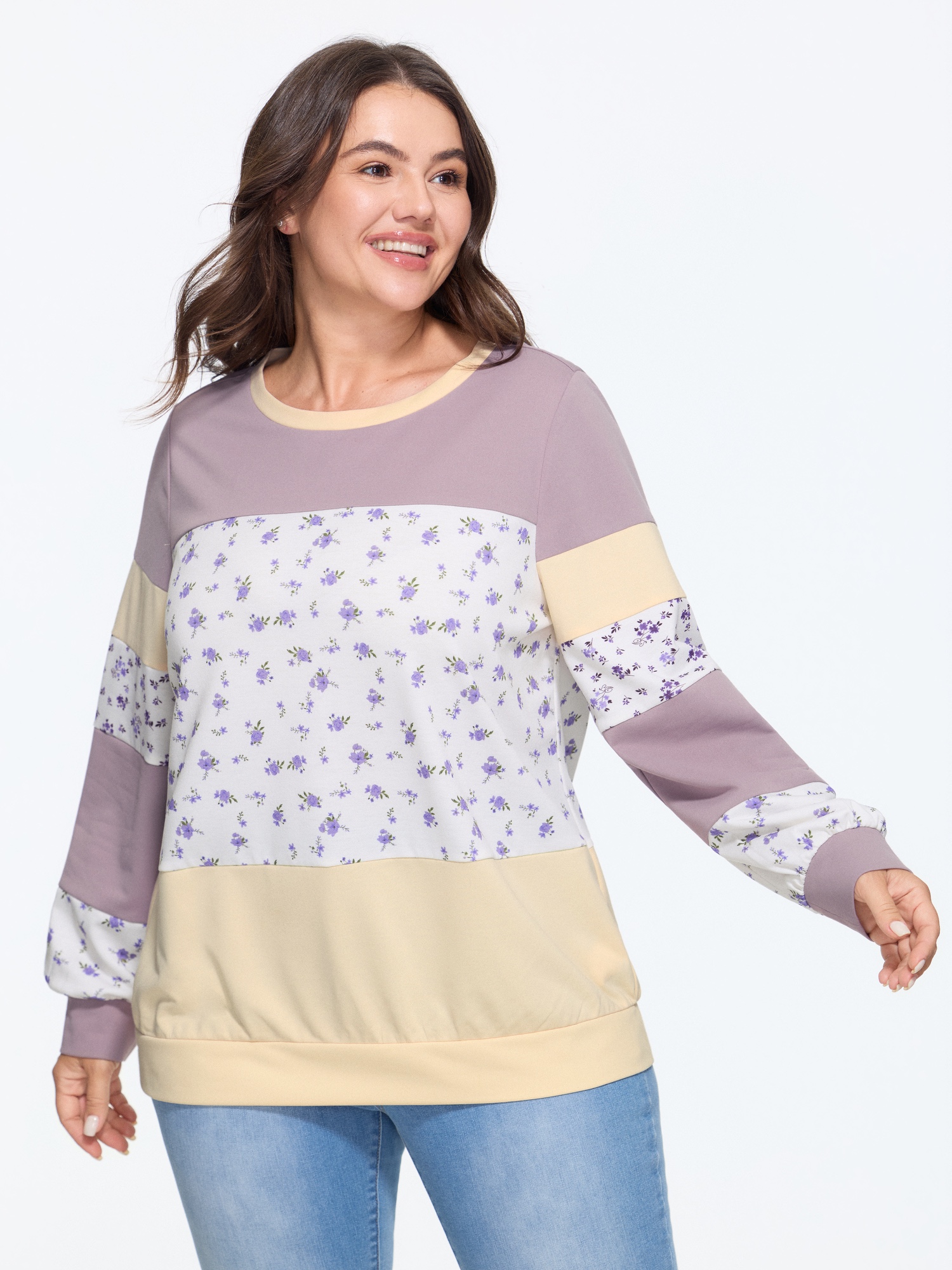 BloomChic Women's Plus Size Ditsy Floral Patchwork Color Block Sweatshirt Lavender Mist Everyday-Casual Round Neck 10/M