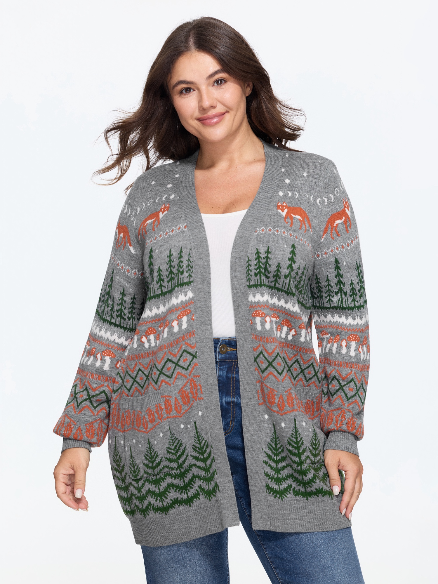 BloomChic Women's Plus Size Fox in Forest Contrast Knit Cardigan Charcoal Gray Long Sleeve V-Neck 10/M
