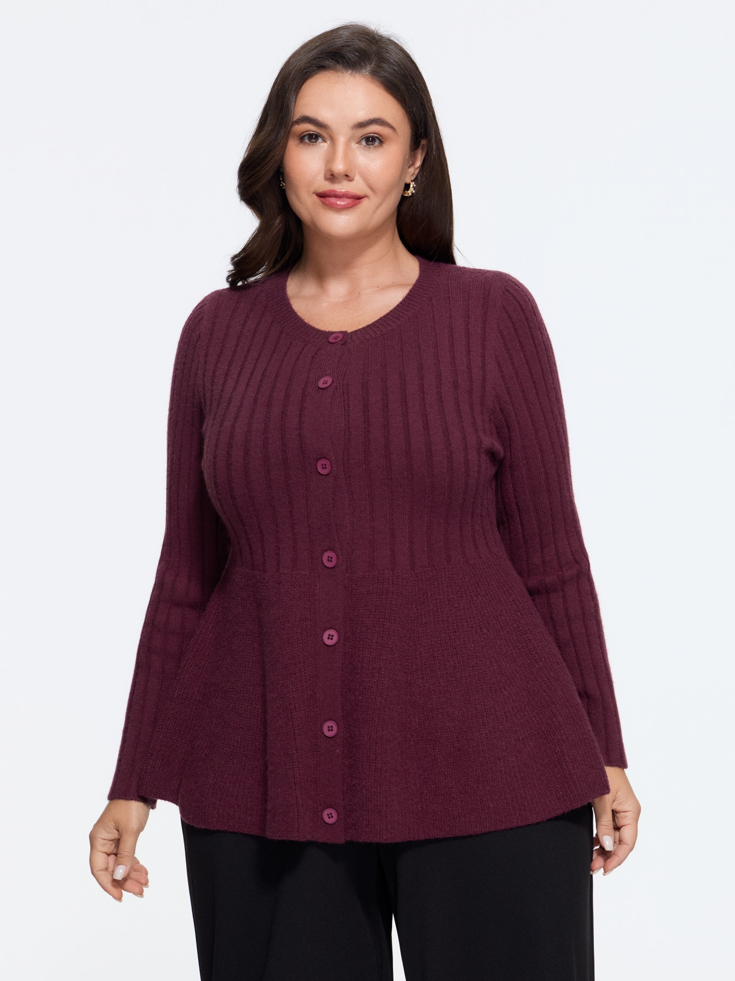 BloomChic Women's Plus Size Round Neck Button Front Ribbed Knit Cardigan Deeppurplered Long Sleeve Round Neck 10/M