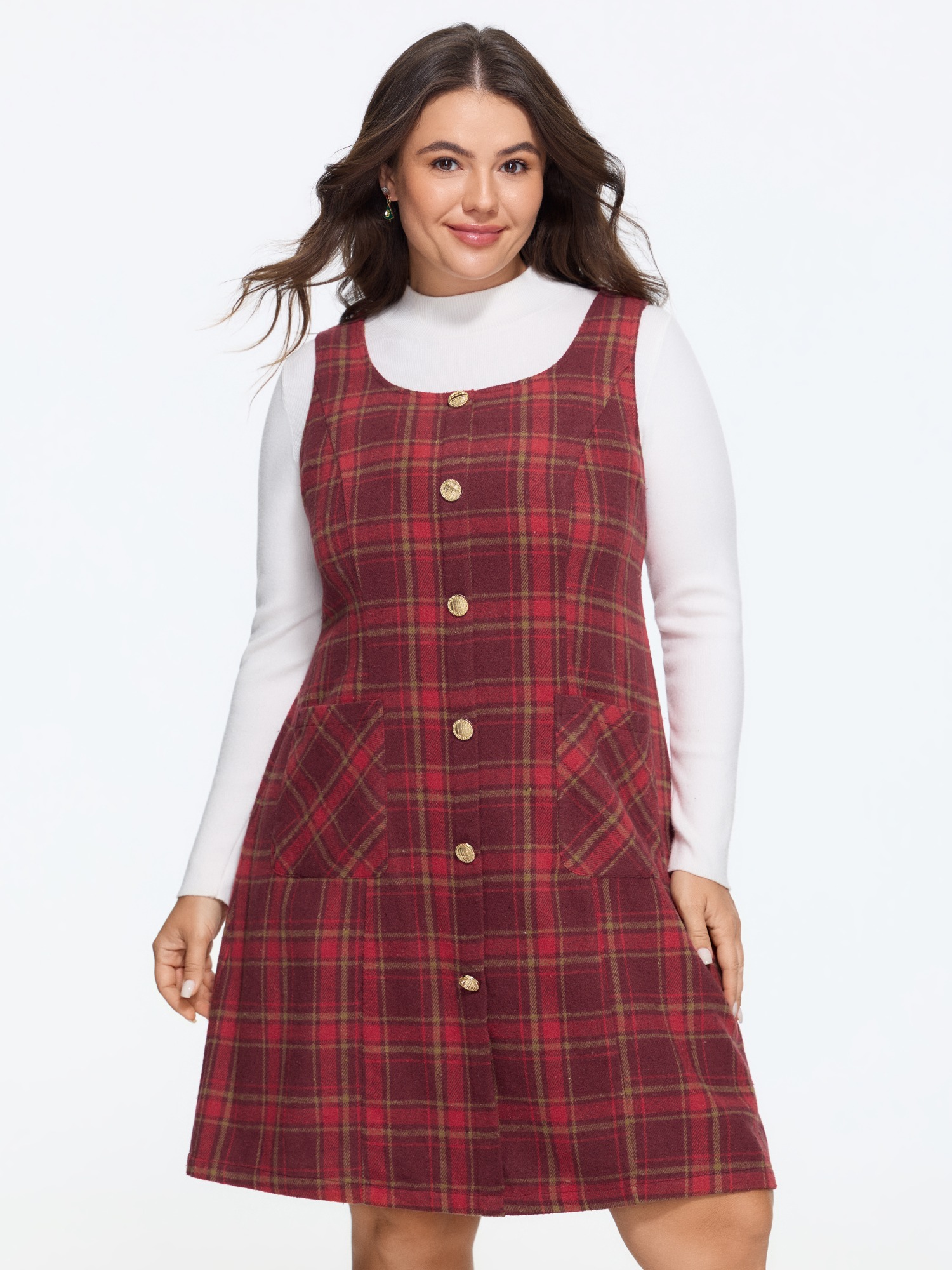 BloomChic Plus Size Plaid Button Front Sleeveless Mini Dress - Curve Ladies Urban Red 节庆款 Sleeveless Plaid Patch pocket Daily Dresses 14/M