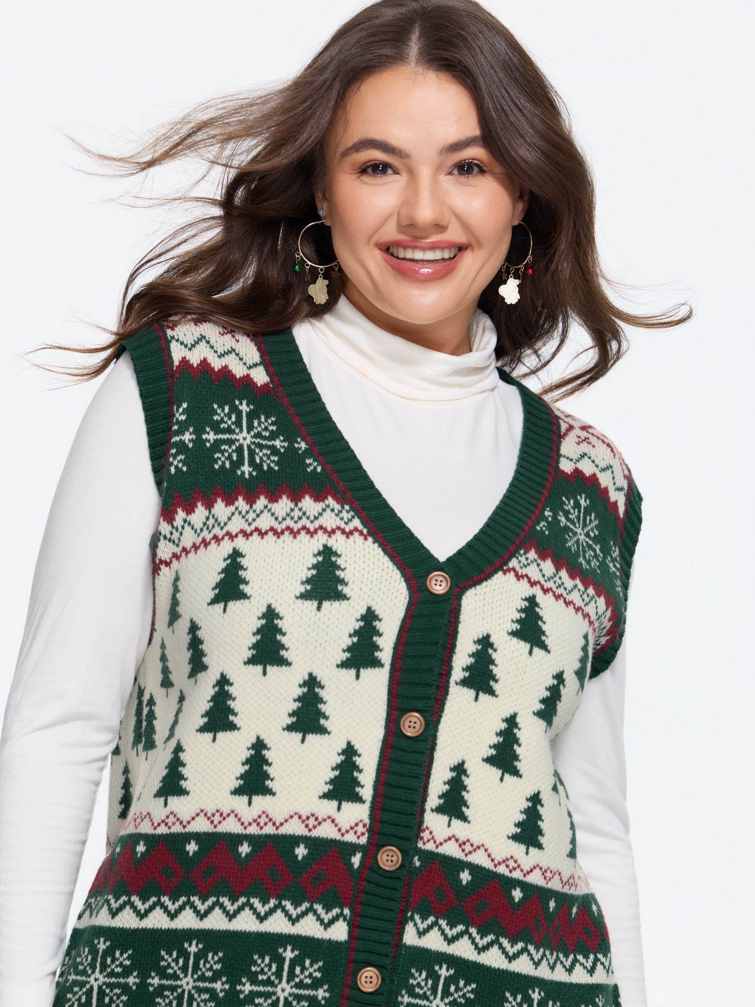 BloomChic Christmas Tree V-Neck Button Down Sweater Vest Women's Plus Size Women Dark Green V-Neck 10/M