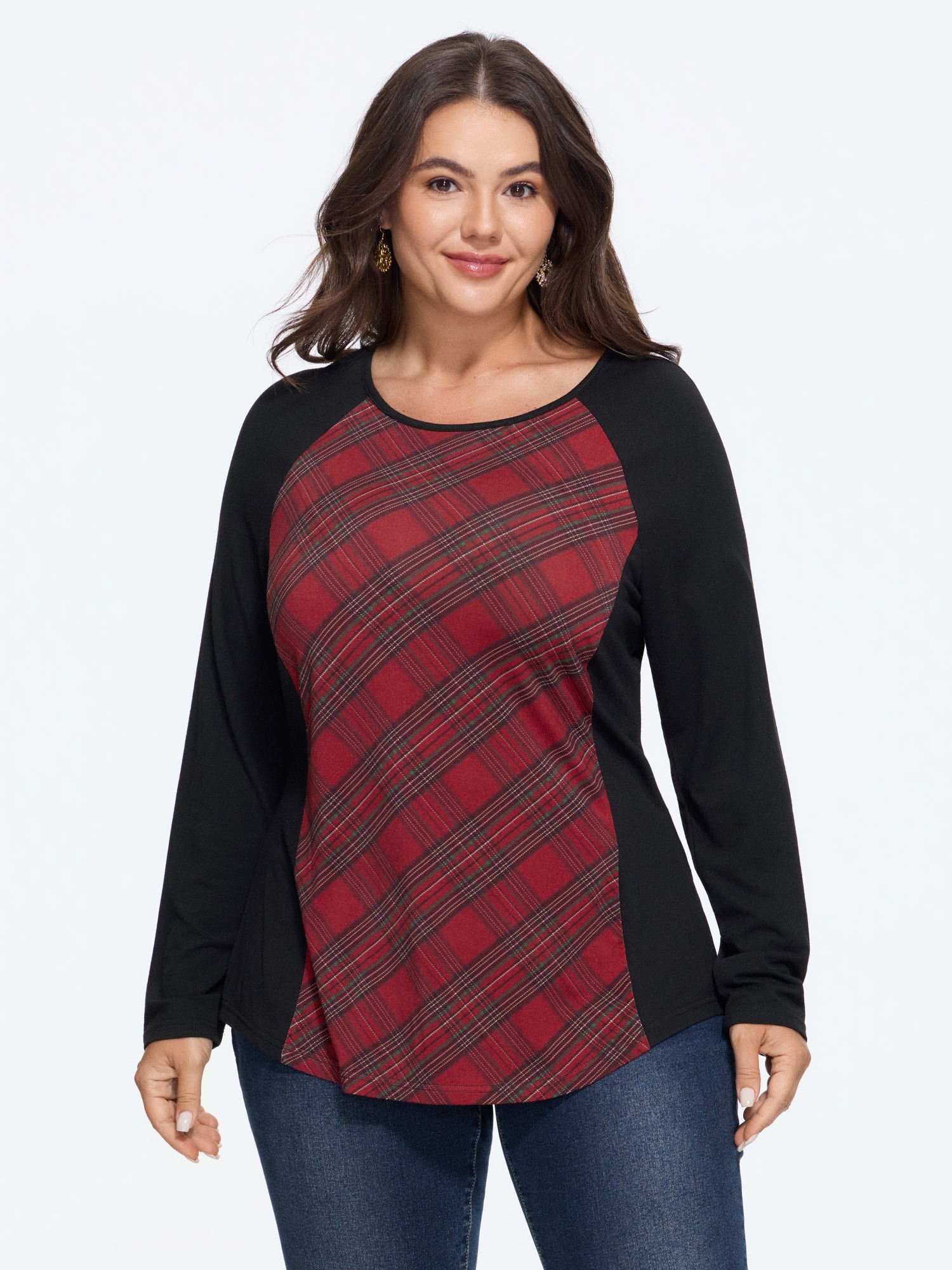 BloomChic Women's Plus Size Plaid Color Block Raglan Sleeve T-Shirt Black Plaid Everyday-Casual Long Sleeve Round Neck 10/M